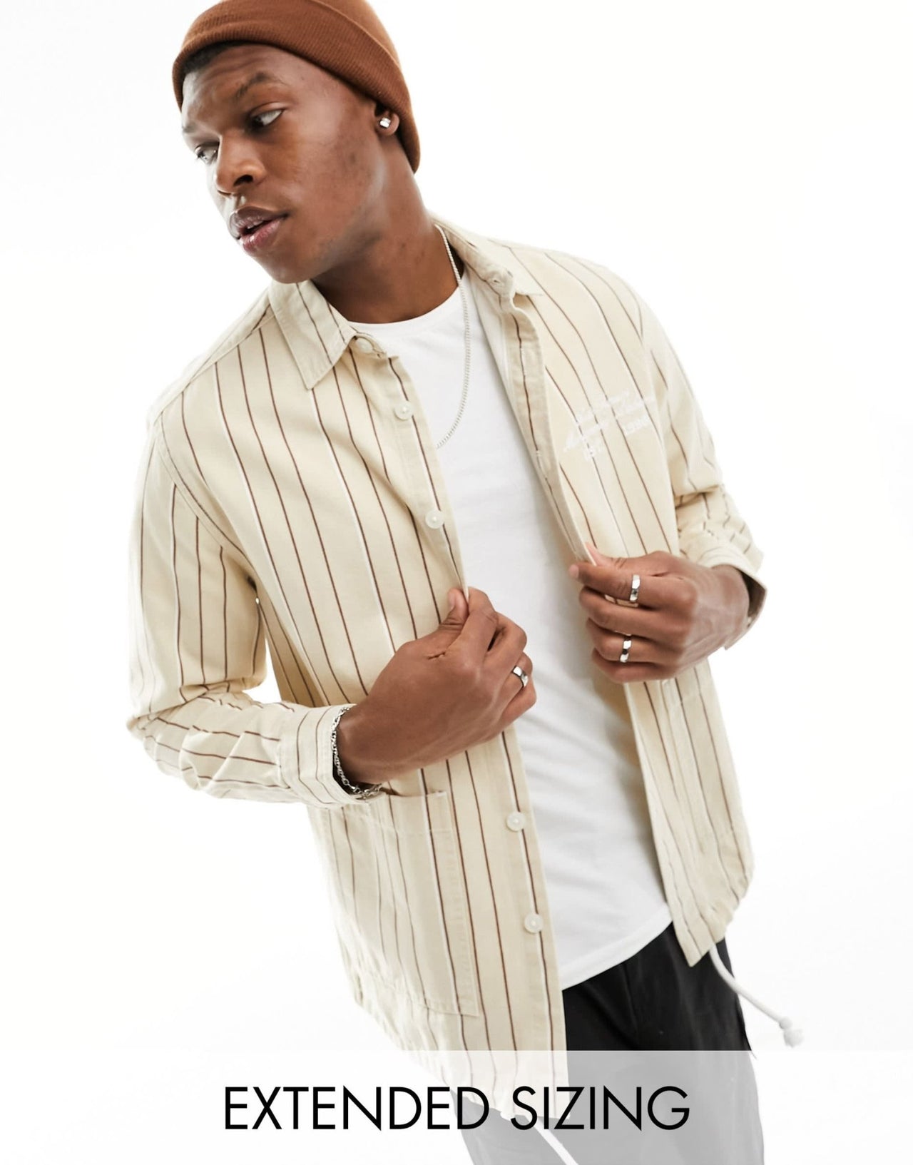 ASOS DESIGN overshirt in canvas stripe print with embroidery in beige - ASOS Sample Sale EU Store