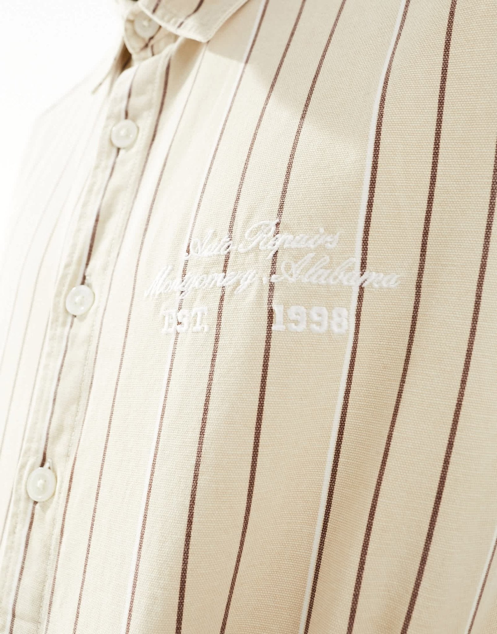 ASOS DESIGN overshirt in canvas stripe print with embroidery in beige - ASOS Sample Sale EU Store
