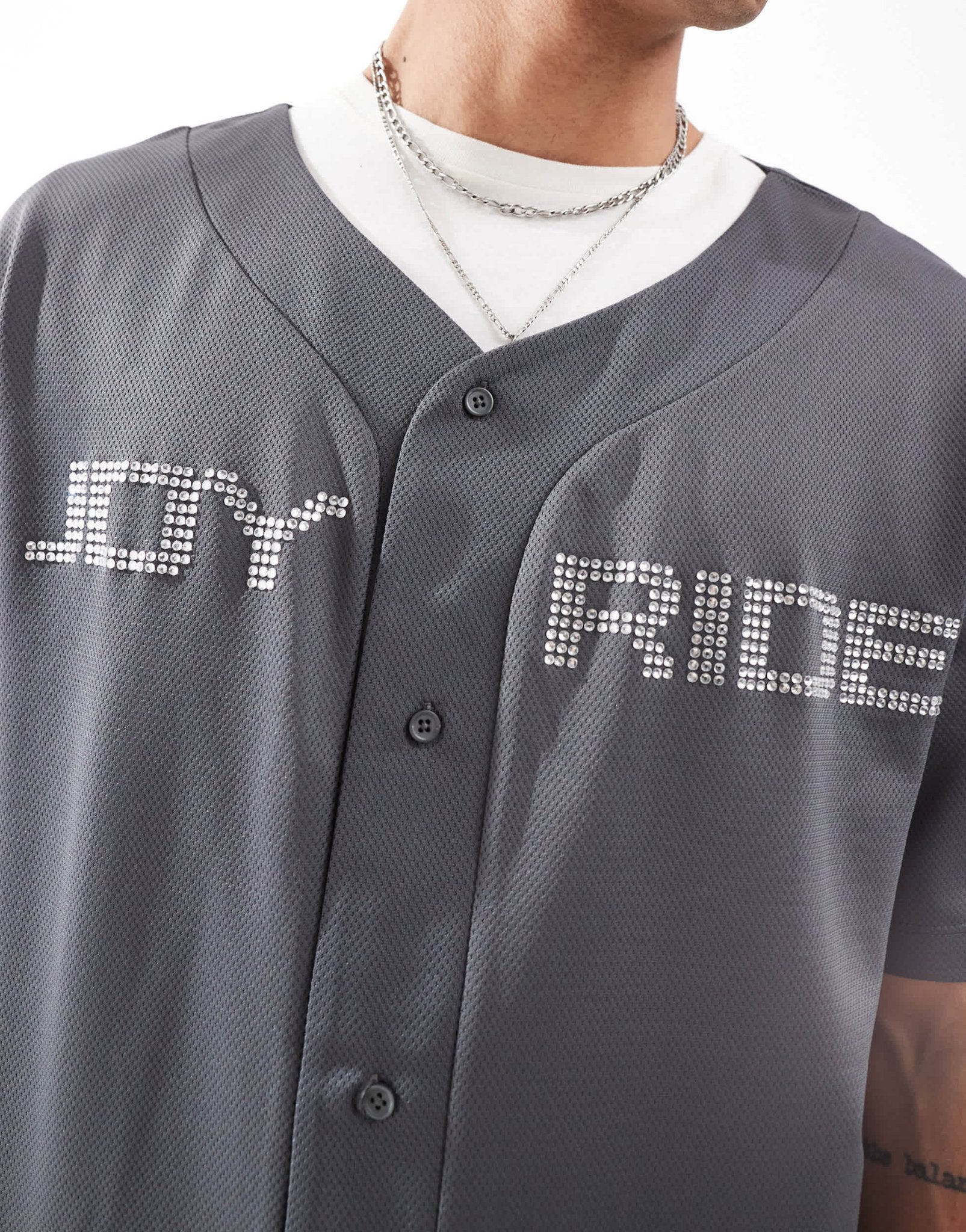 ASOS DESIGN oversized baseball shirt in grey sporty mesh with hot fix text - ASOS Sample Sale EU Store