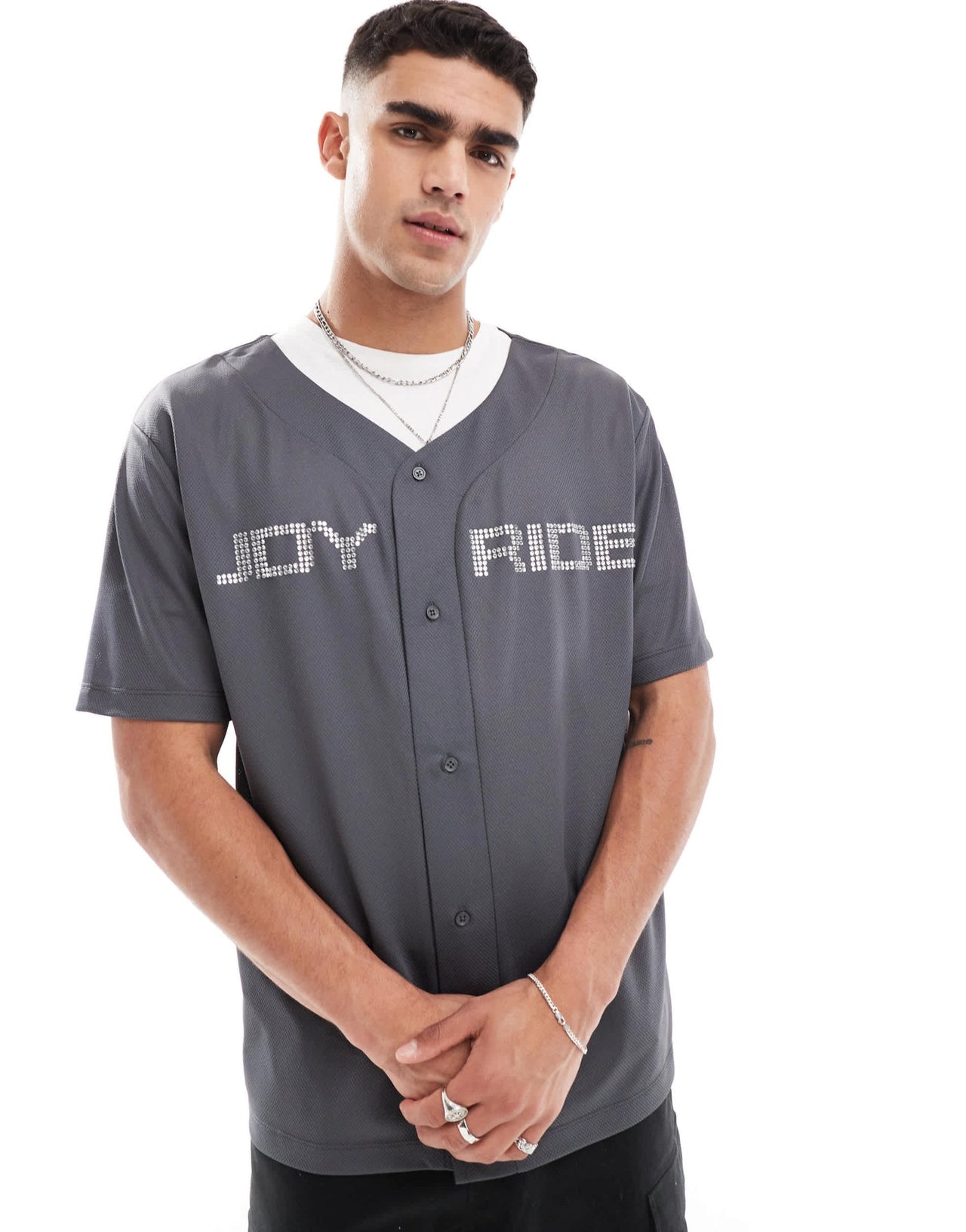 ASOS DESIGN oversized baseball shirt in grey sporty mesh with hot fix text - ASOS Sample Sale EU Store