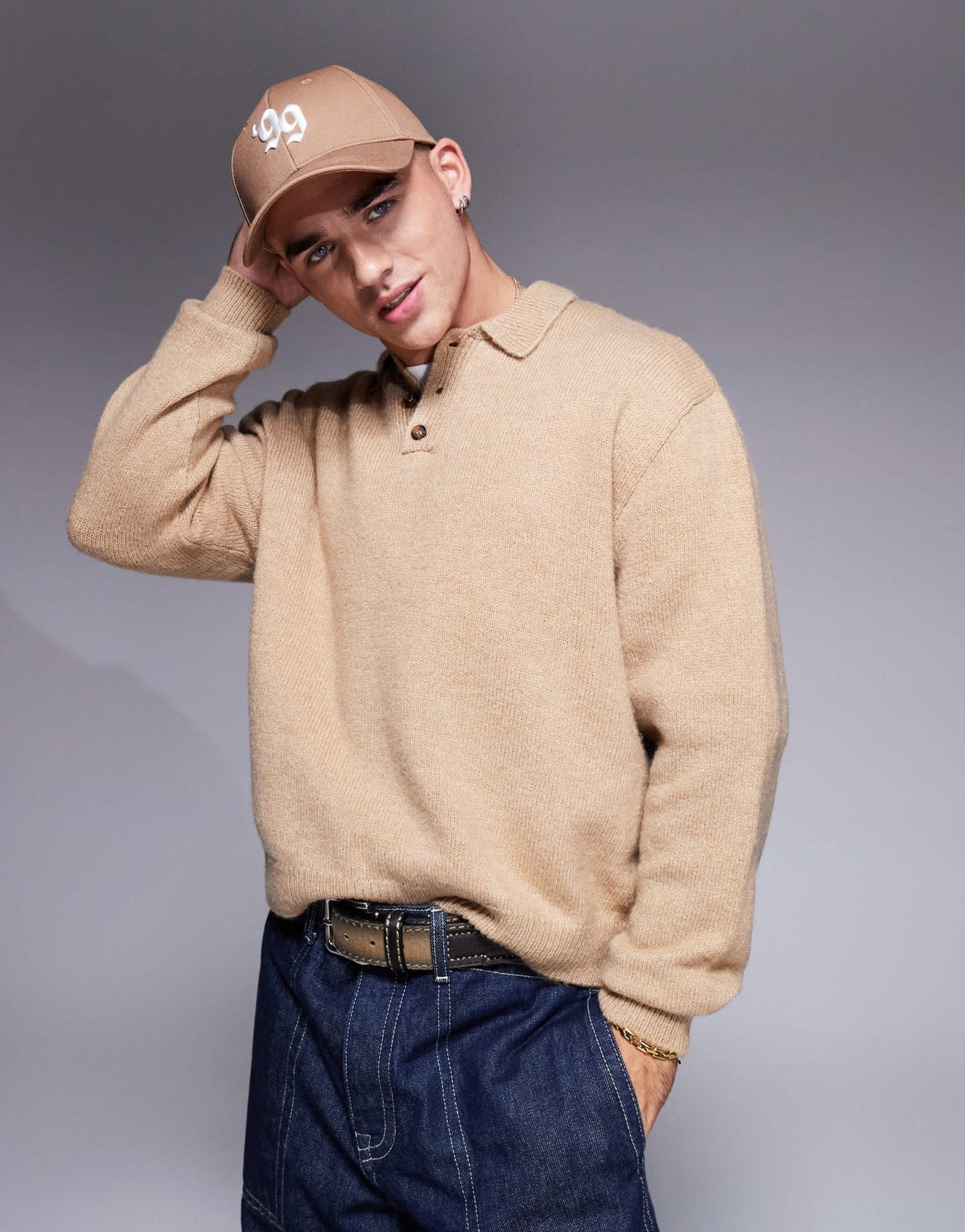 ASOS DESIGN oversized boxy fit knitted polo in beige - ASOS Sample Sale EU Store