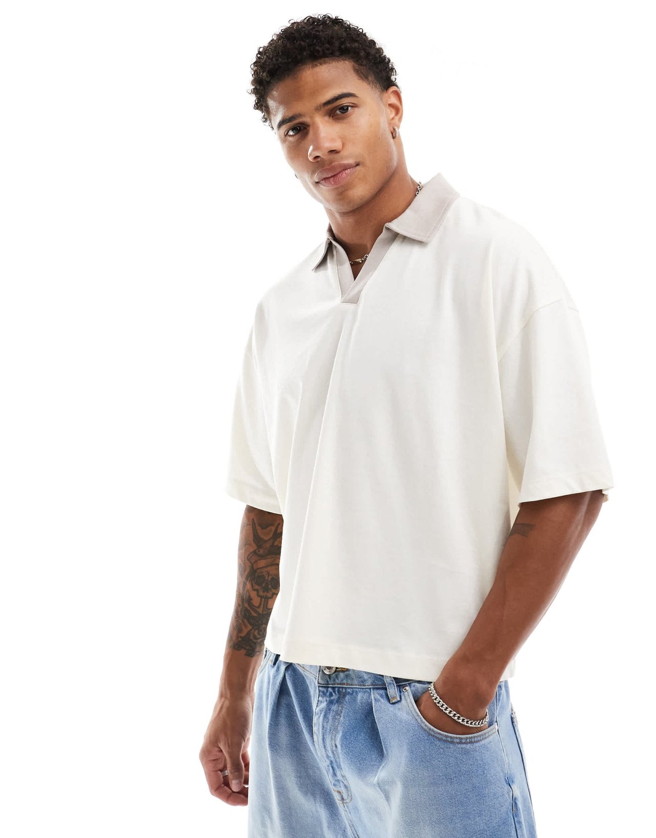 ASOS DESIGN oversized boxy long sleeve polo shirt in netural - ASOS Sample Sale EU Store