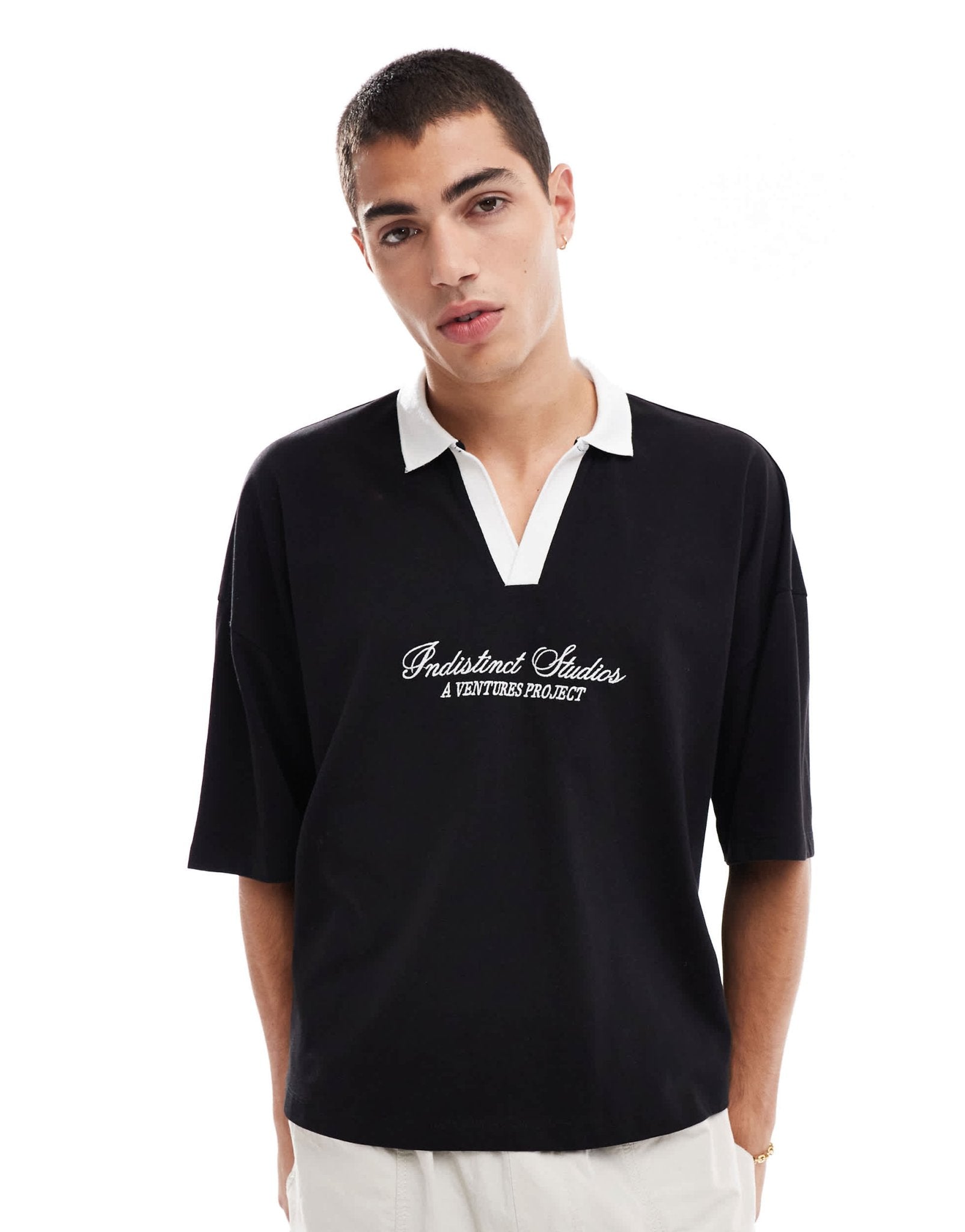 ASOS DESIGN oversized boxy polo t-shirt with dropped shoulder and front graphic in black - ASOS Sample Sale EU Store