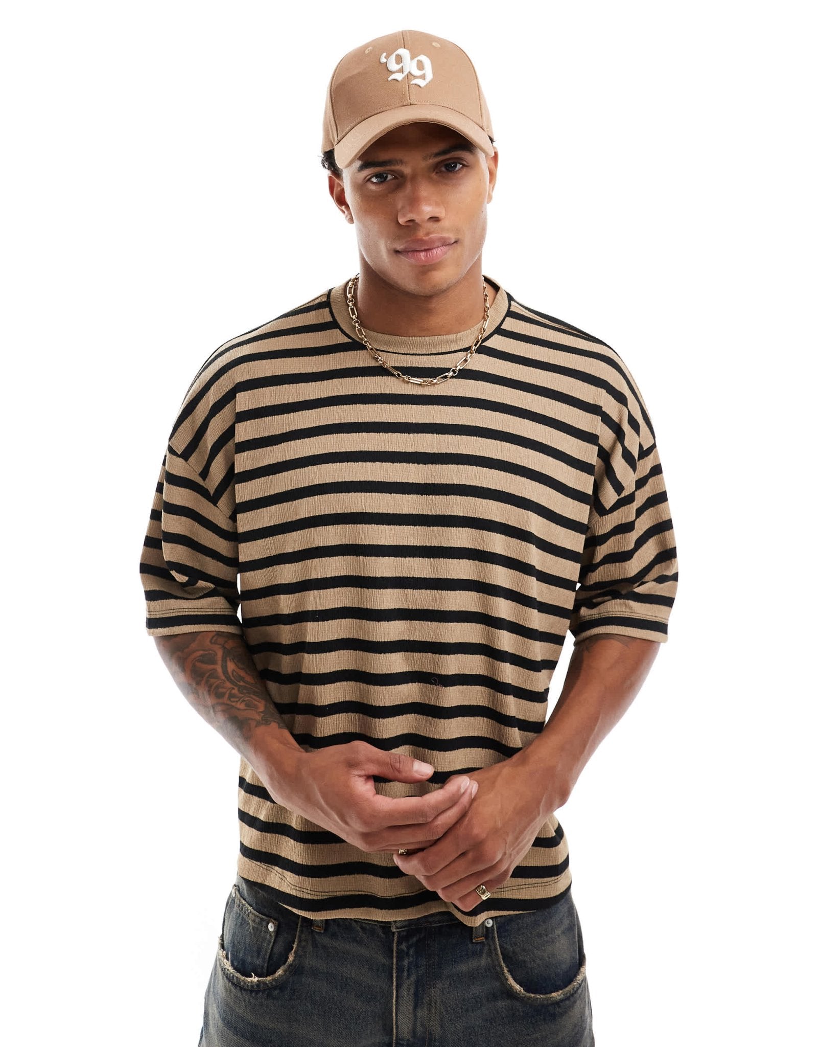 ASOS DESIGN oversized boxy t-shirt with textured stripe in neutral - ASOS Sample Sale EU Store