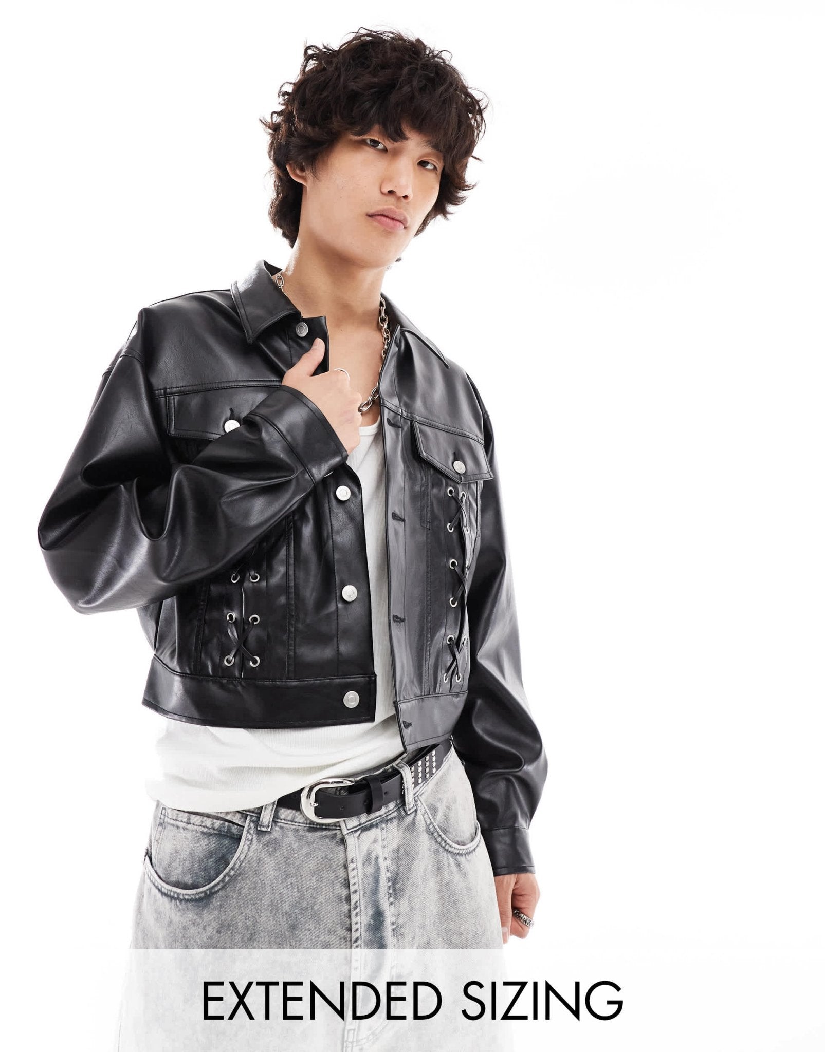 ASOS DESIGN oversized cropped leather look jacket with lace up details in black - ASOS Sample Sale EU Store