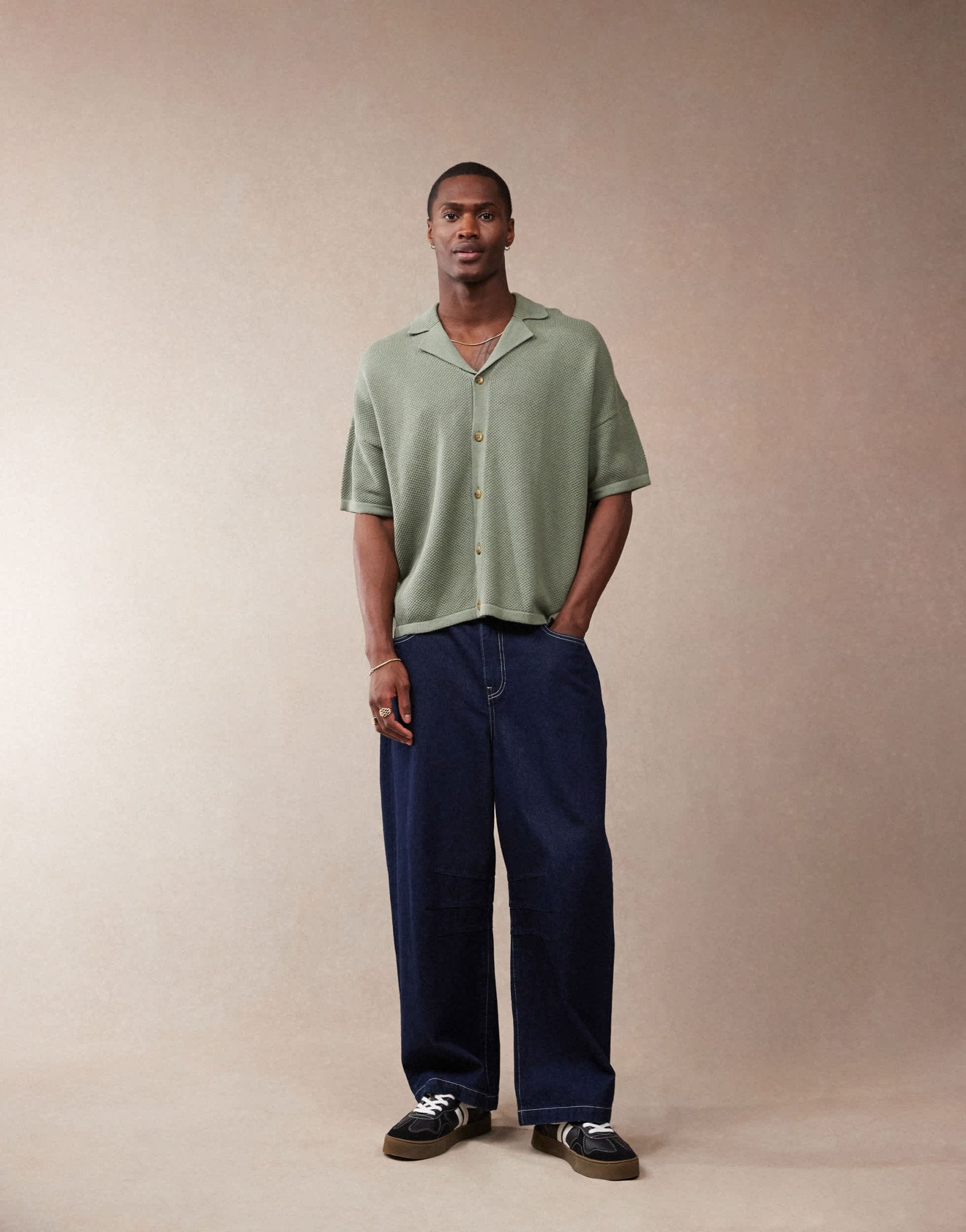 ASOS DESIGN oversized fit knitted texture revere neck button through polo in green - ASOS Sample Sale EU Store