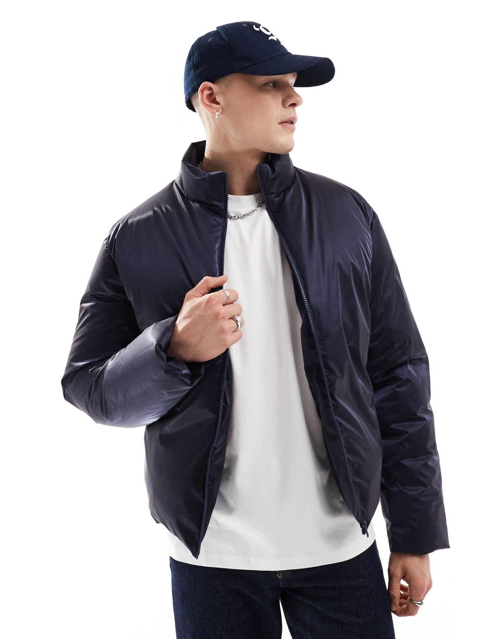 ASOS DESIGN oversized high shine puffer jacket in navy - ASOS Sample Sale EU Store