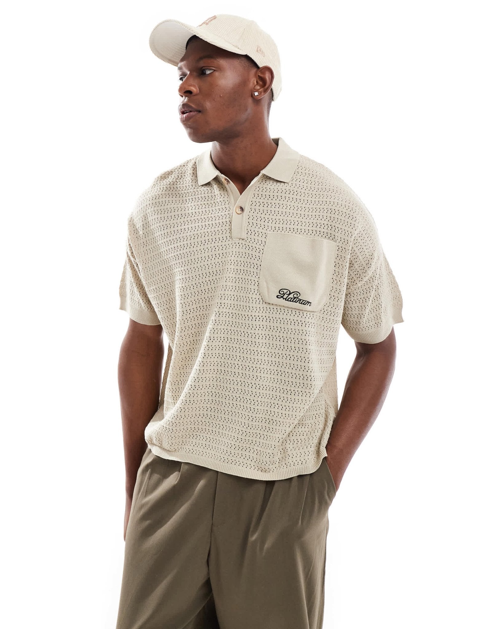 ASOS DESIGN oversized knitted boxy polo shirt with embroidery in neutral - ASOS Sample Sale EU Store