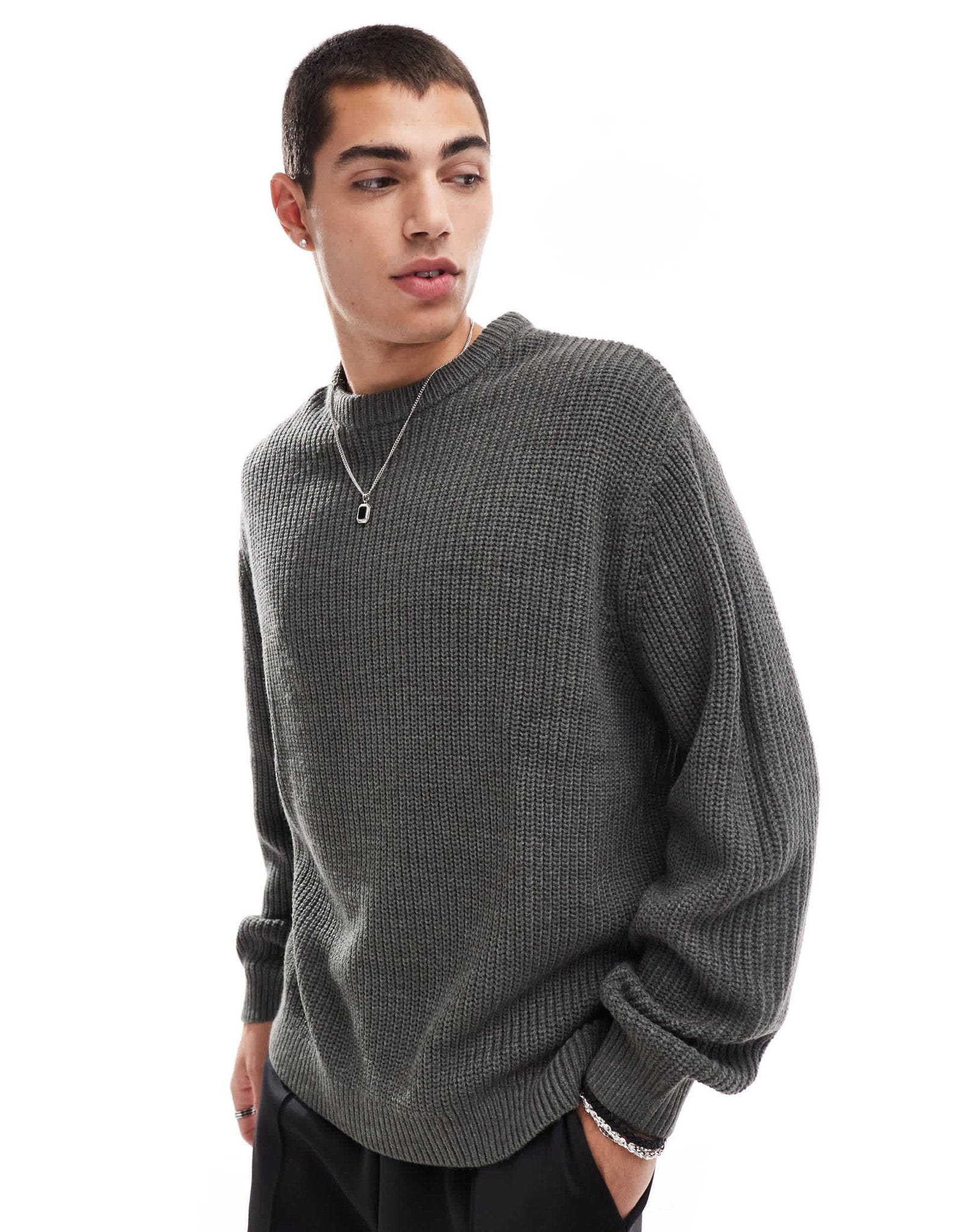 ASOS DESIGN oversized knitted fisherman rib jumper in charcoal marl - ASOS Sample Sale EU Store