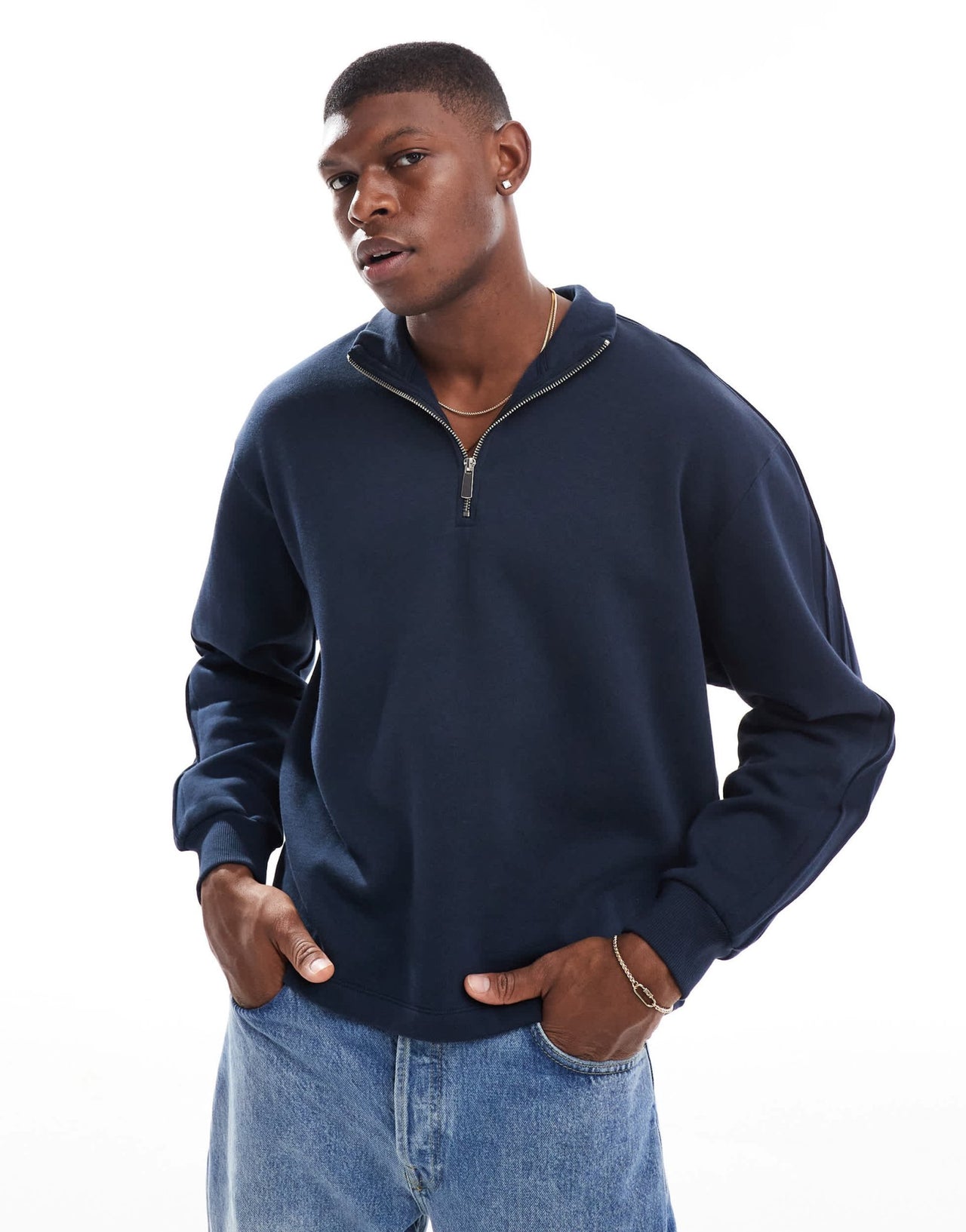 ASOS DESIGN oversized quarter zip funnel neck sweatshirt in navy - ASOS Sample Sale EU Store