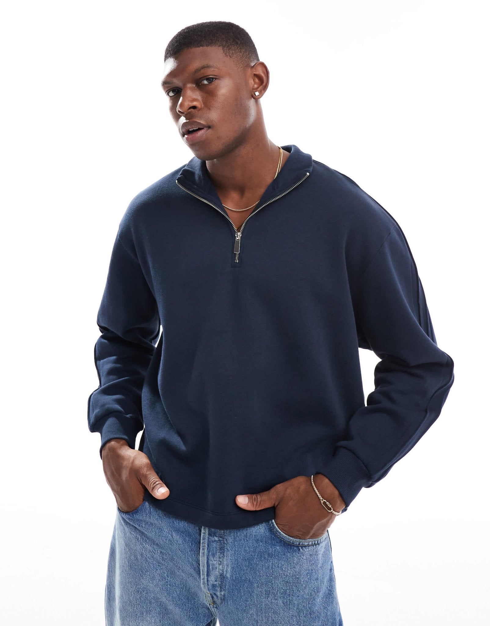ASOS DESIGN oversized quarter zip funnel neck sweatshirt in navy - ASOS Sample Sale EU Store