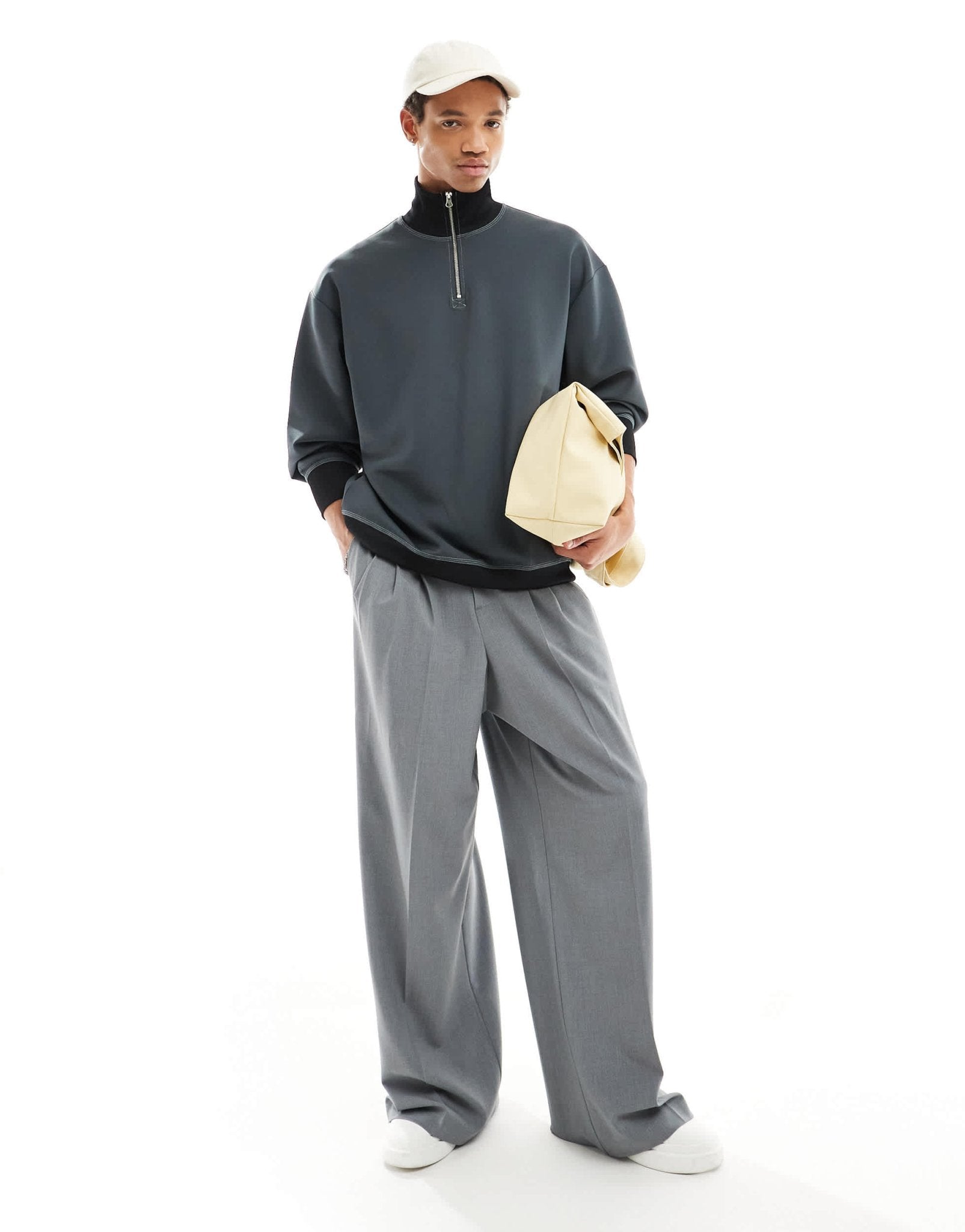 ASOS DESIGN oversized quarter zip funnel neck sweatshirt in scuba - style fabric in grey marl - ASOS Sample Sale EU Store