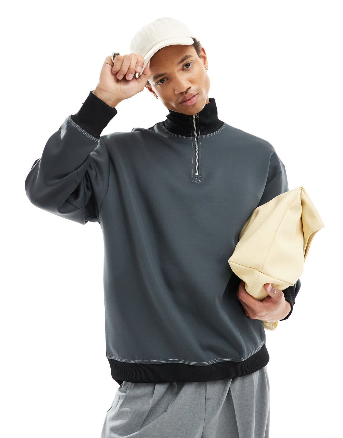 ASOS DESIGN oversized quarter zip funnel neck sweatshirt in scuba - style fabric in grey marl - ASOS Sample Sale EU Store