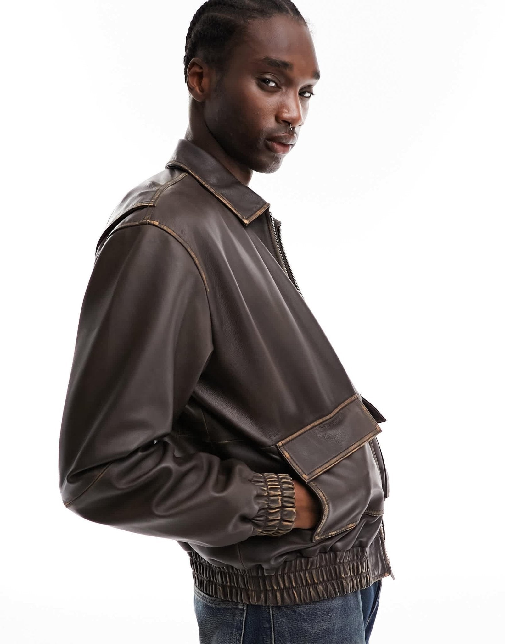 ASOS DESIGN oversized real leather bomber jacket in brown with distressed seams - ASOS Sample Sale EU Store