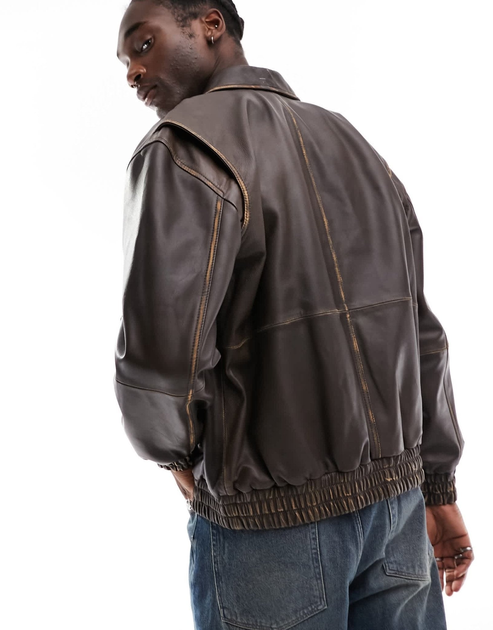ASOS DESIGN oversized real leather bomber jacket in brown with distressed seams - ASOS Sample Sale EU Store