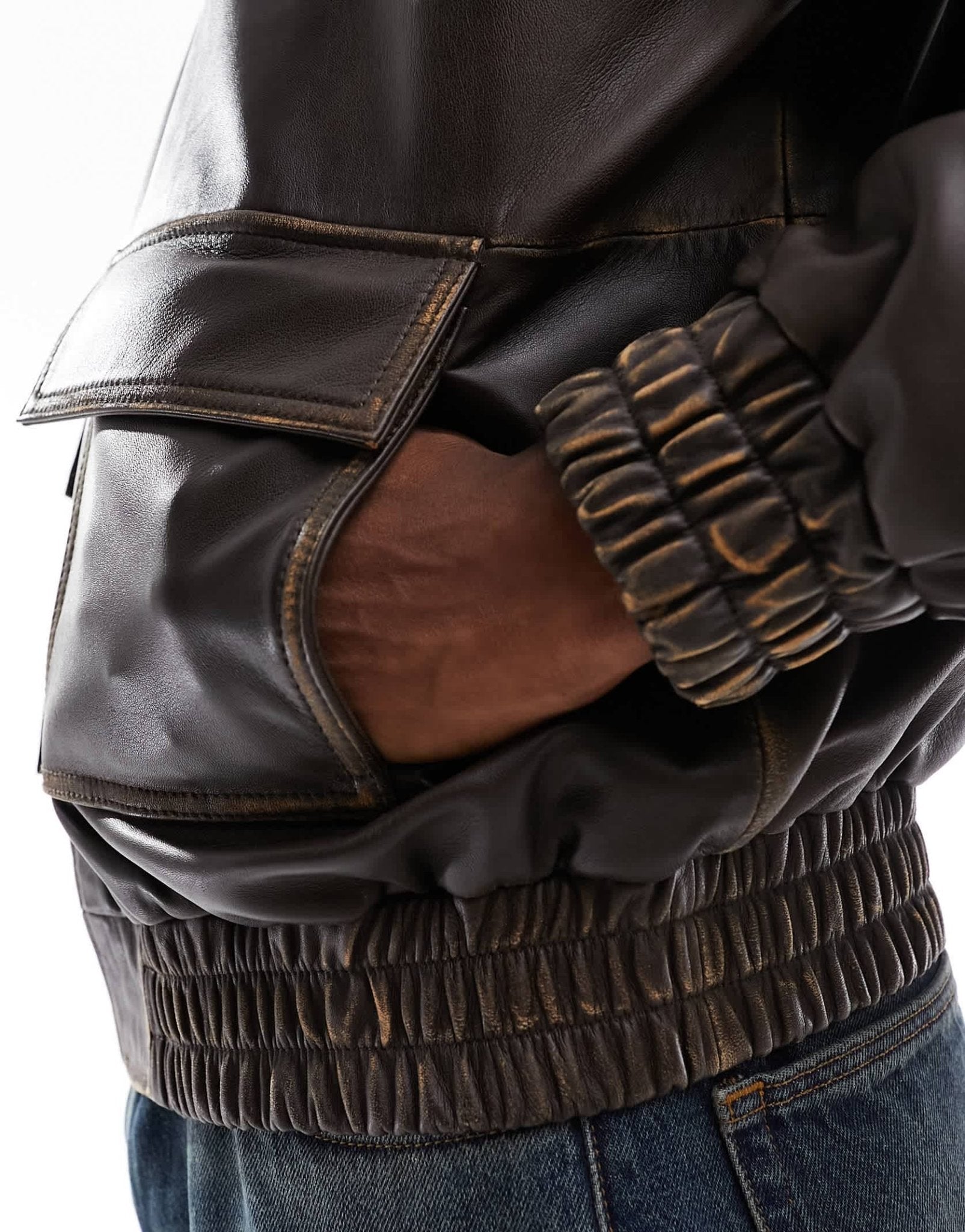 ASOS DESIGN oversized real leather bomber jacket in brown with distressed seams - ASOS Sample Sale EU Store