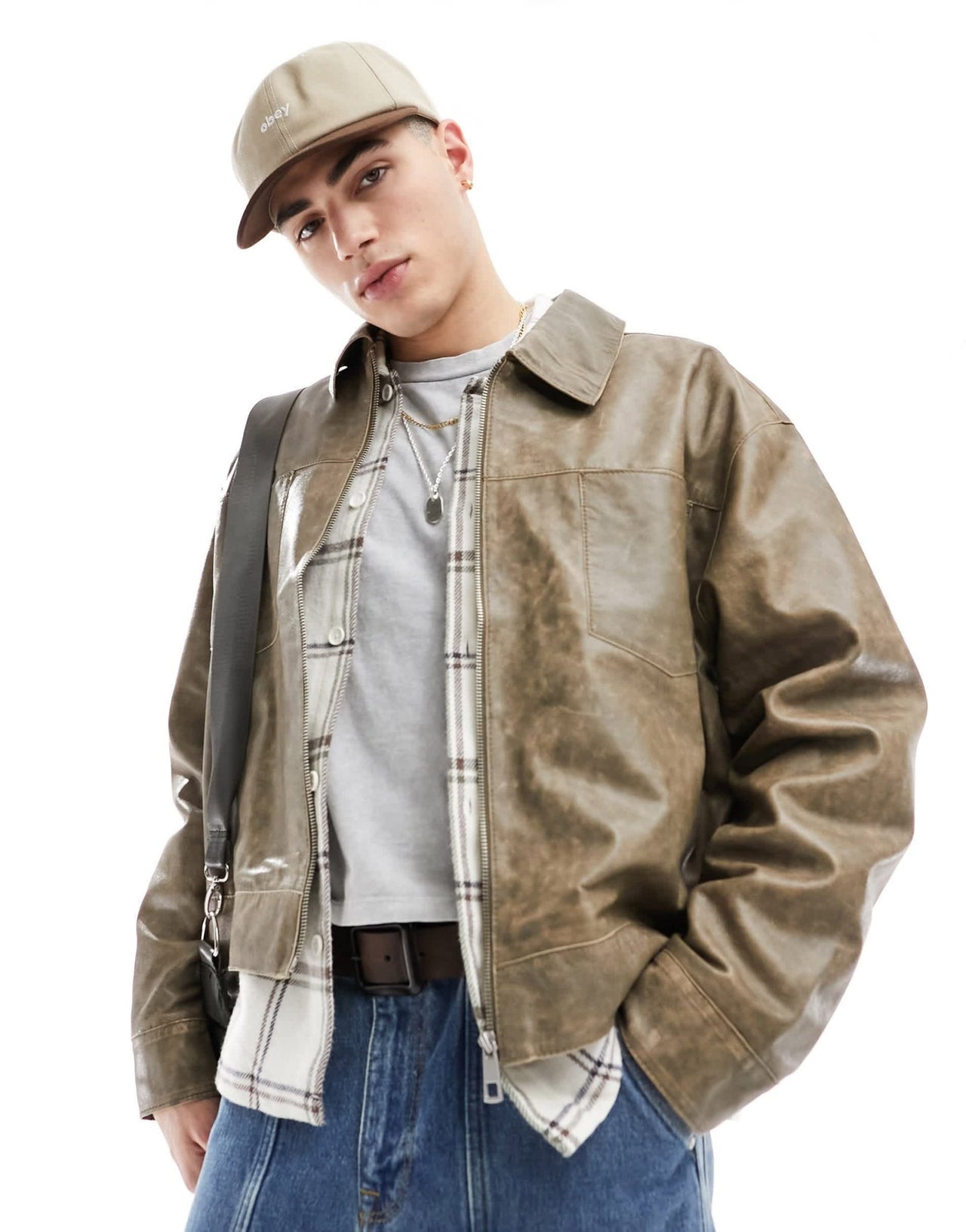 ASOS DESIGN oversized real leather harrington jacket in washed stone - ASOS Sample Sale EU Store