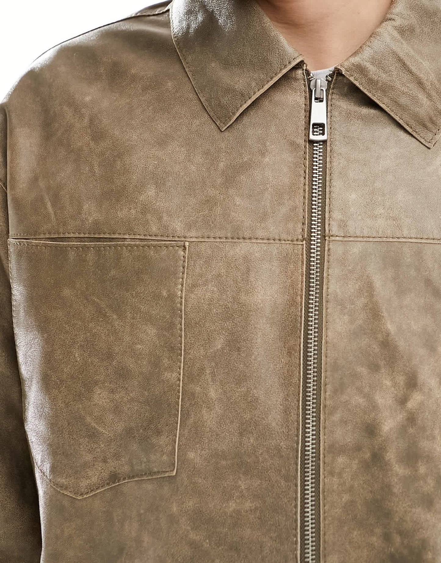 ASOS DESIGN oversized real leather harrington jacket in washed stone - ASOS Sample Sale EU Store