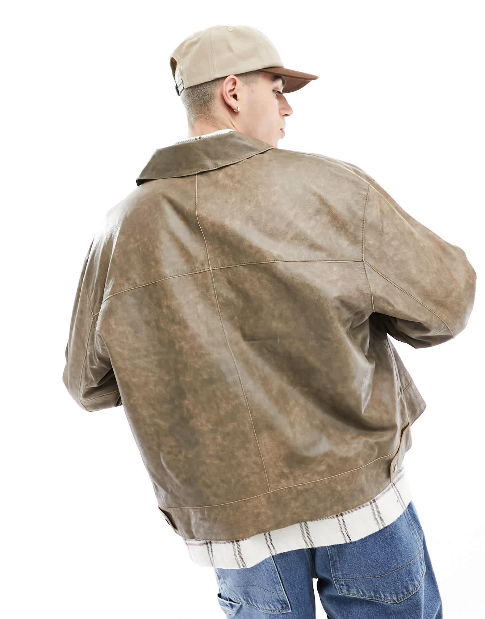 ASOS DESIGN oversized real leather harrington jacket in washed stone - ASOS Sample Sale EU Store