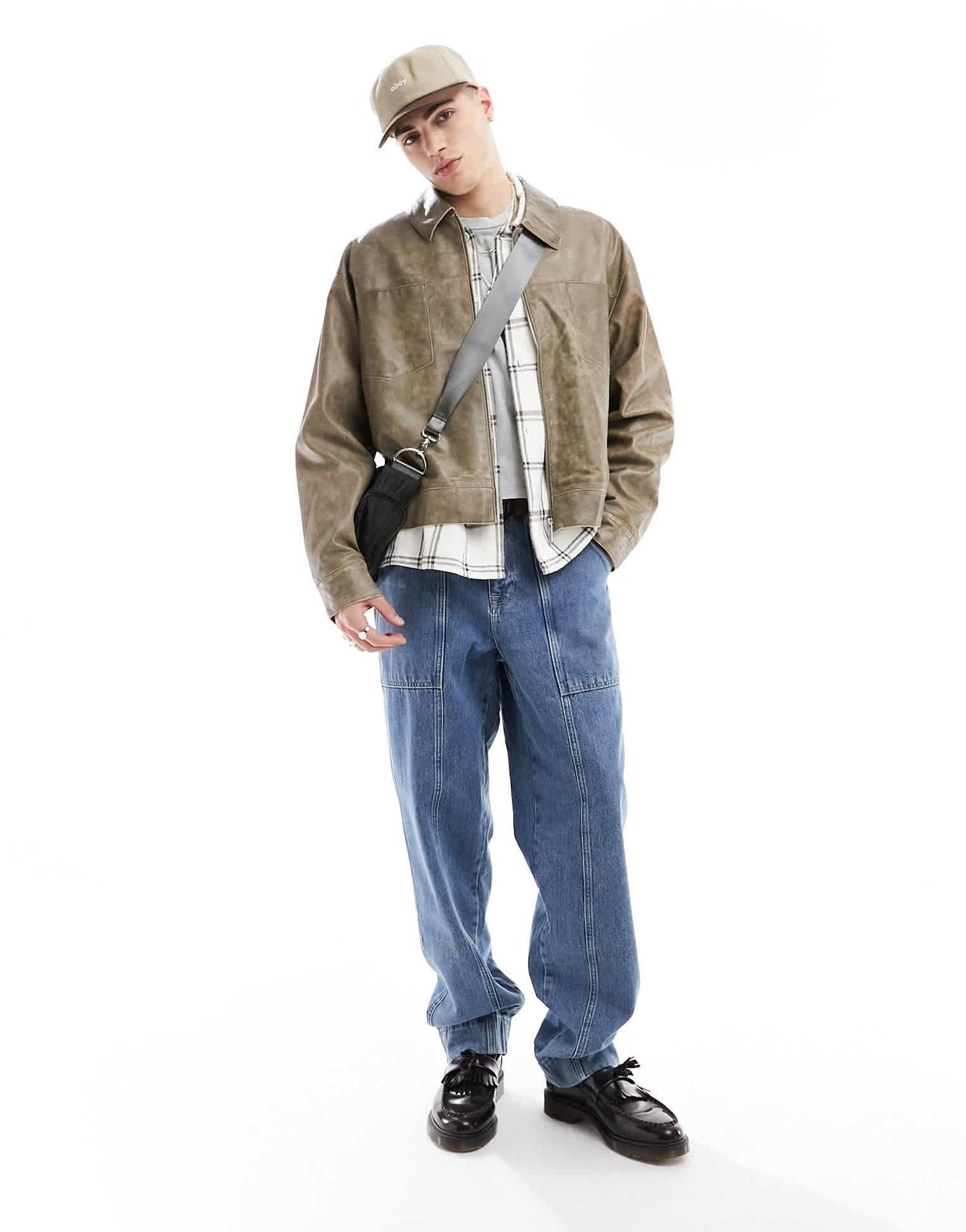 ASOS DESIGN oversized real leather harrington jacket in washed stone - ASOS Sample Sale EU Store