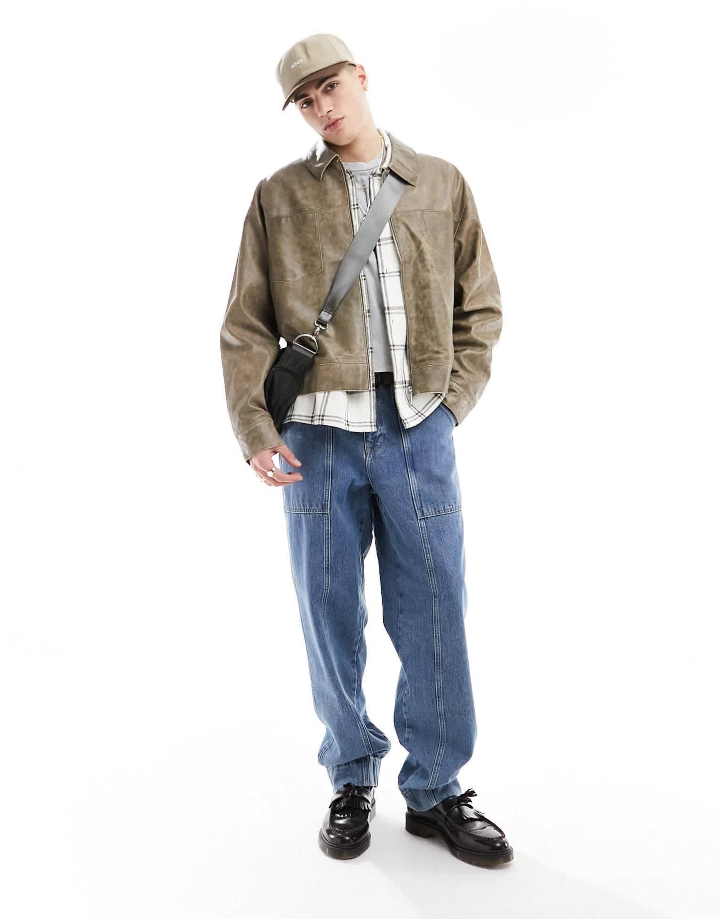 ASOS DESIGN oversized real leather harrington jacket in washed stone - ASOS Sample Sale EU Store