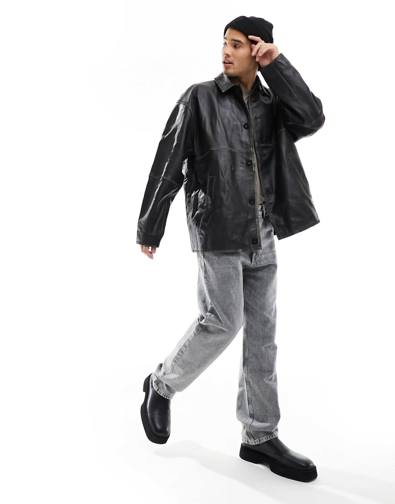 ASOS DESIGN oversized real leather shacket in black - ASOS Sample Sale EU Store