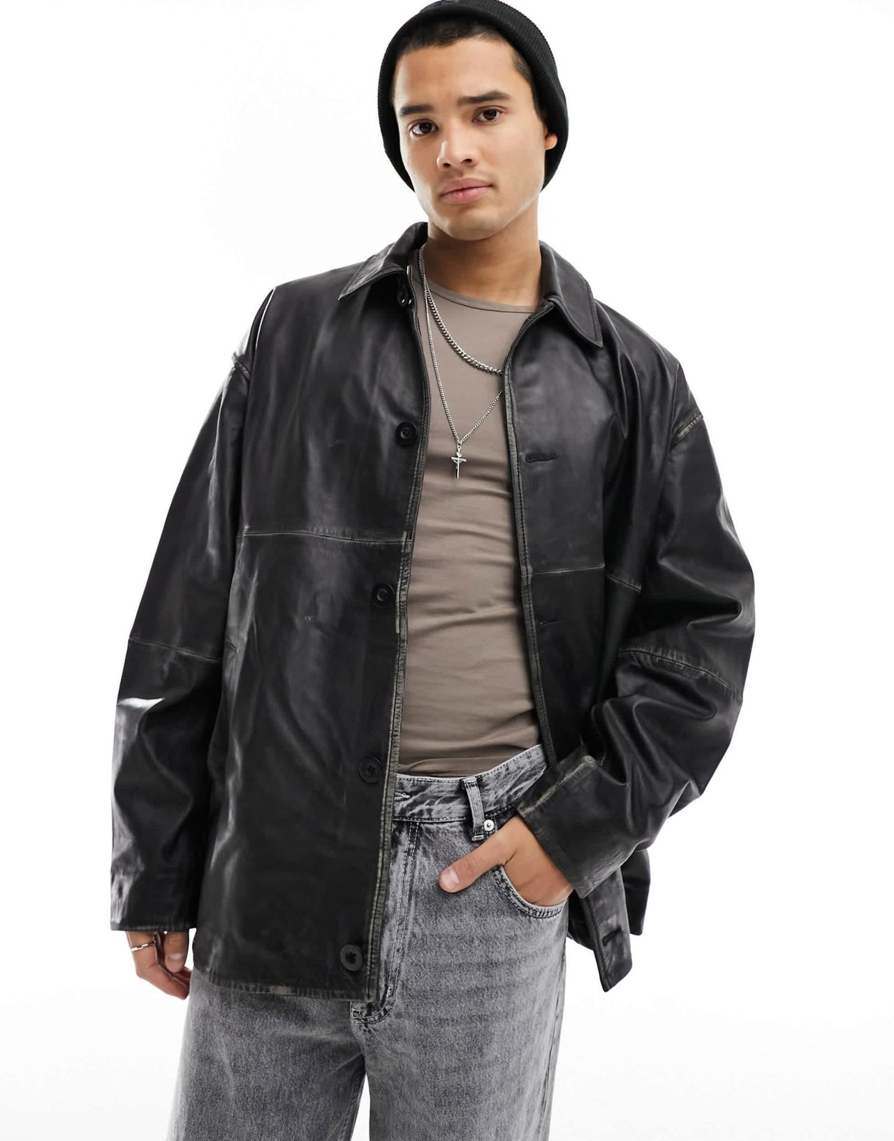 ASOS DESIGN oversized real leather shacket in black - ASOS Sample Sale EU Store