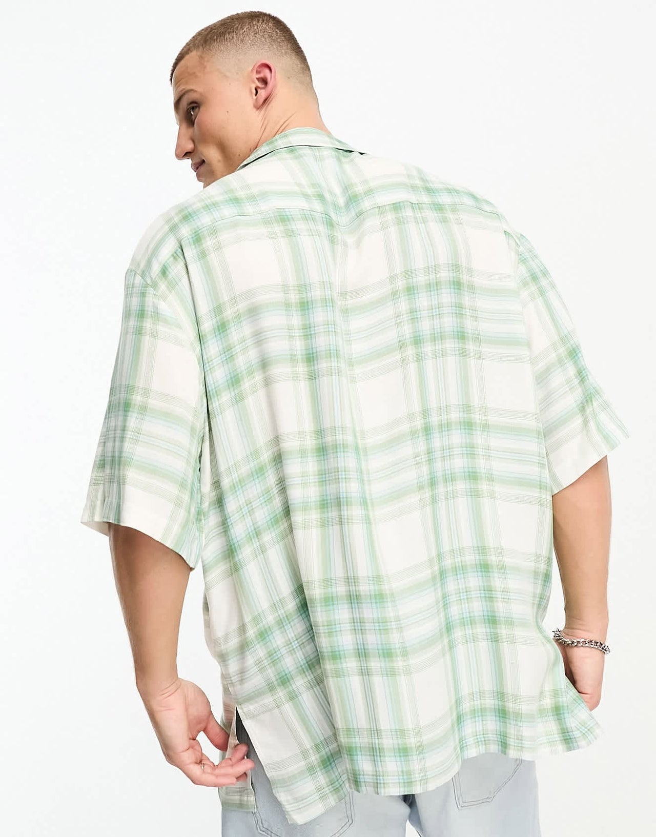 ASOS DESIGN oversized revere bowling longline shirt in green viscose check - ASOS Sample Sale EU Store