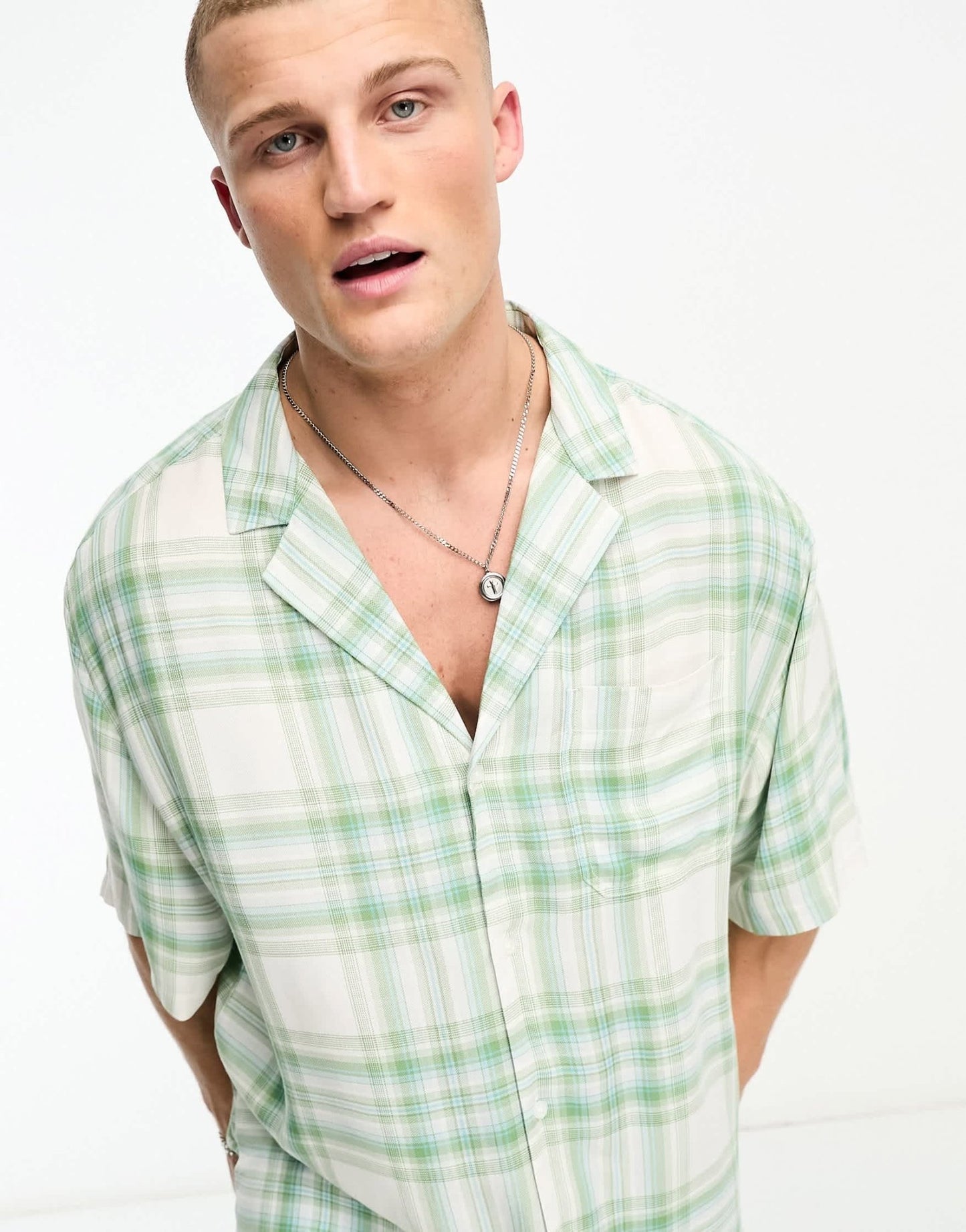 ASOS DESIGN oversized revere bowling longline shirt in green viscose check - ASOS Sample Sale EU Store