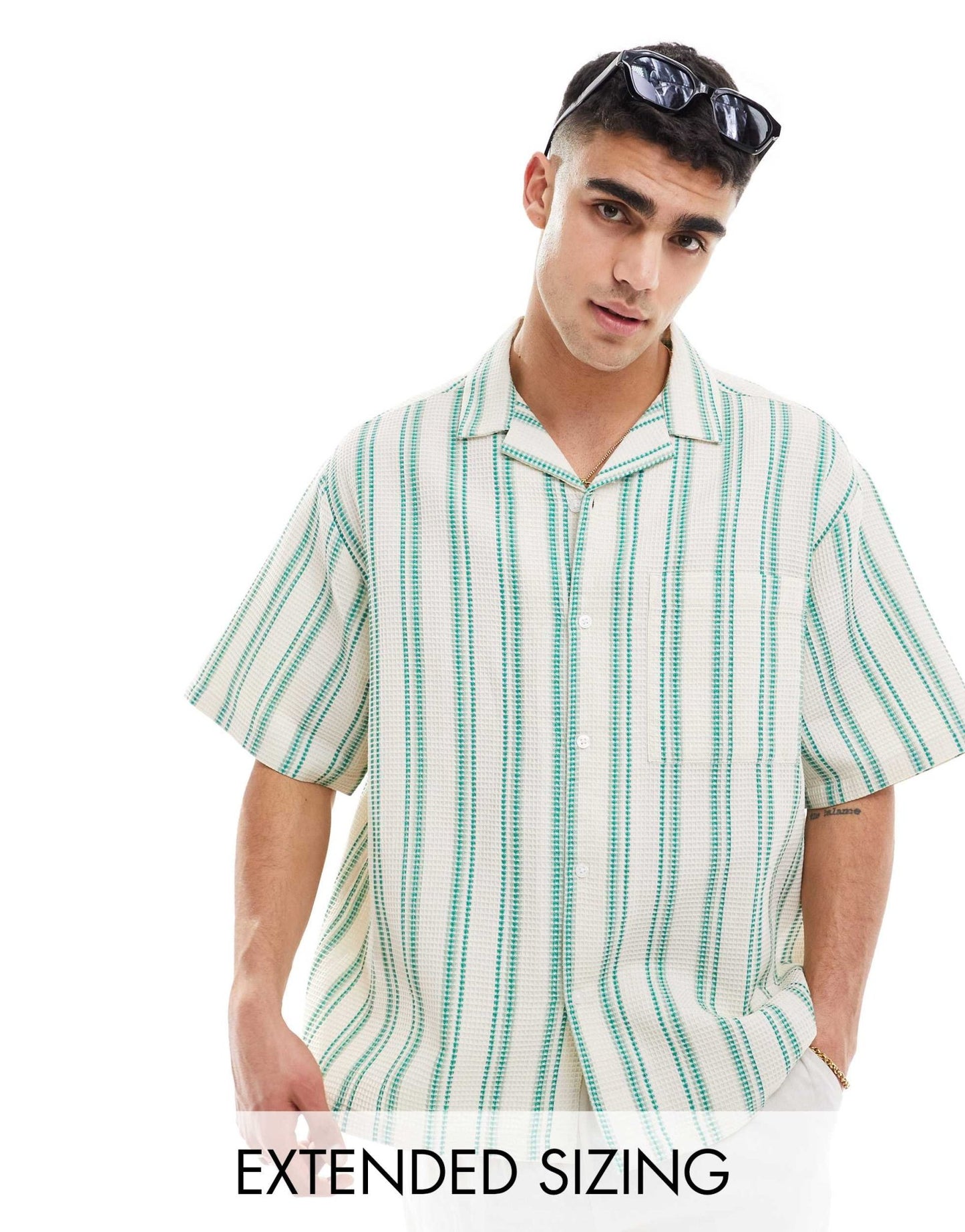 ASOS DESIGN oversized revere shirt in green waffle stripe - ASOS Sample Sale EU Store