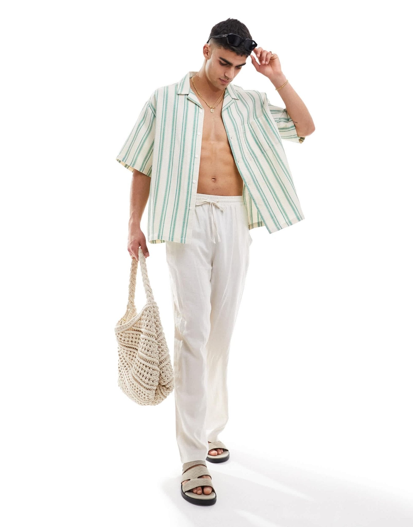ASOS DESIGN oversized revere shirt in green waffle stripe - ASOS Sample Sale EU Store