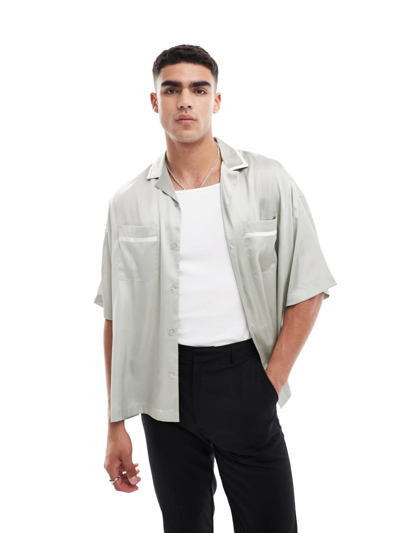 ASOS DESIGN oversized satin shirt with white piping detail in sage green - ASOS Sample Sale EU Store