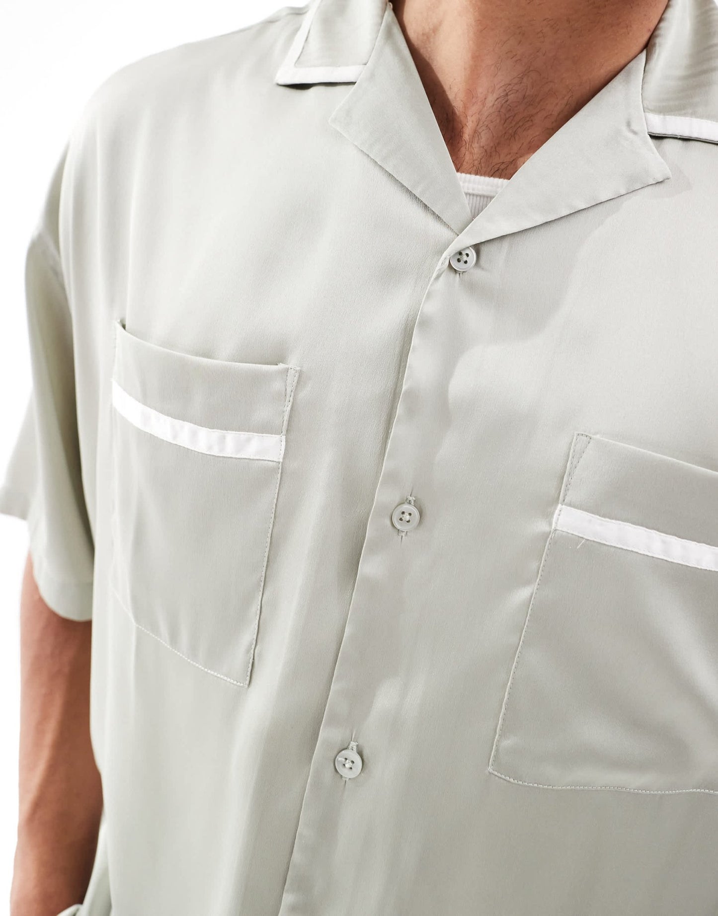 ASOS DESIGN oversized satin shirt with white piping detail in sage green - ASOS Sample Sale EU Store