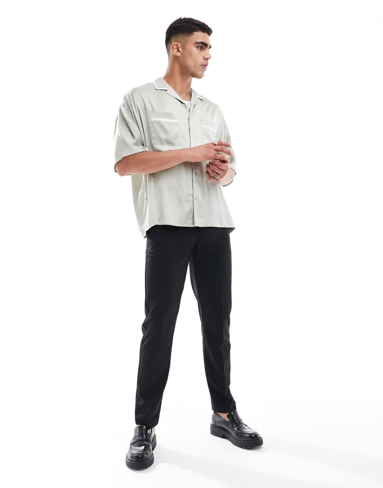 ASOS DESIGN oversized satin shirt with white piping detail in sage green - ASOS Sample Sale EU Store
