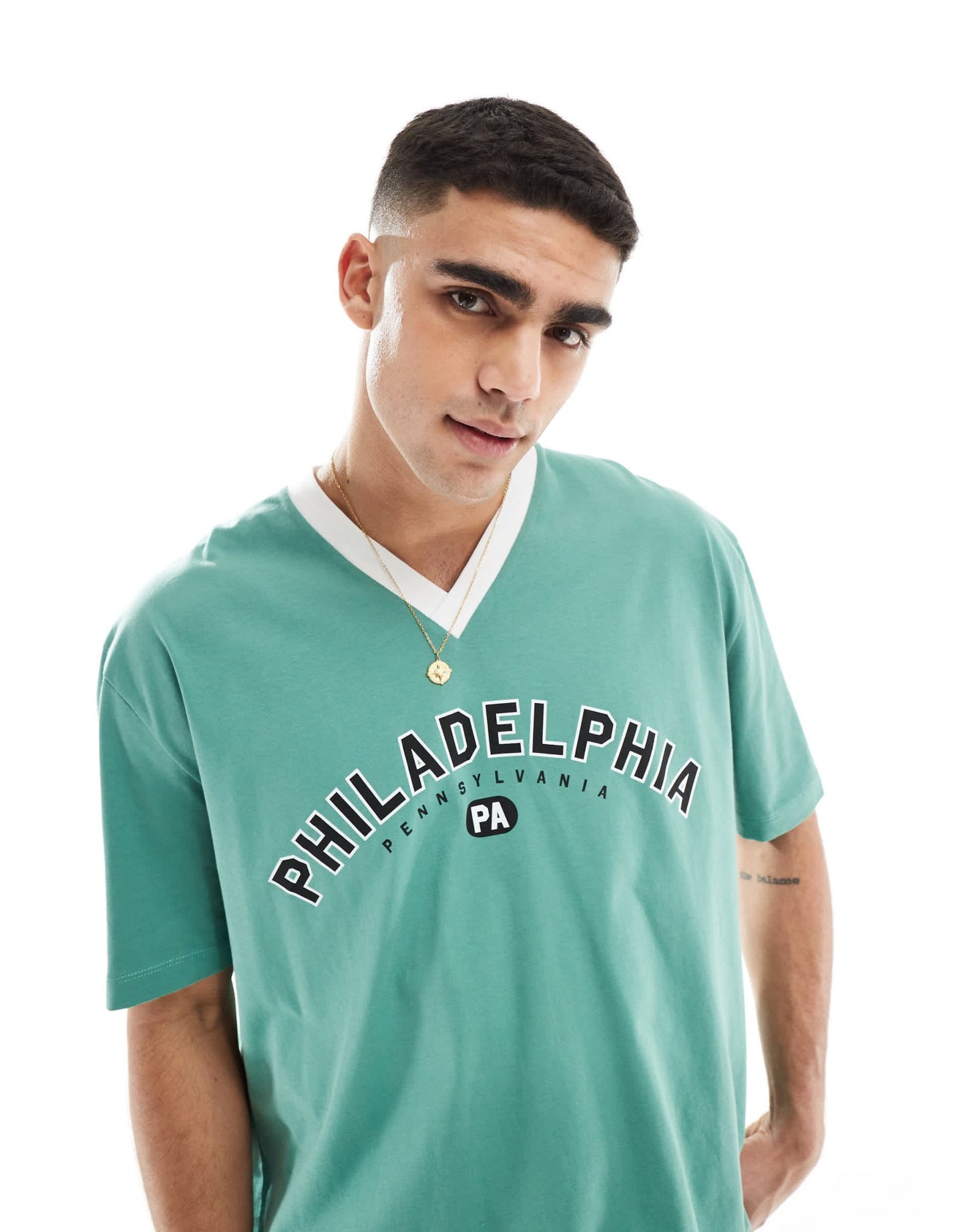 ASOS DESIGN oversized t-shirt with v - neck in green with Philadelphia print - ASOS Sample Sale EU Store