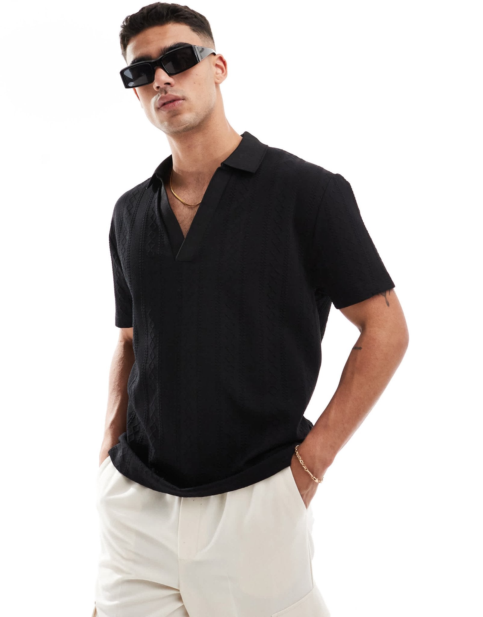ASOS DESIGN oversized textured polo with revere neck in black - ASOS Sample Sale EU Store