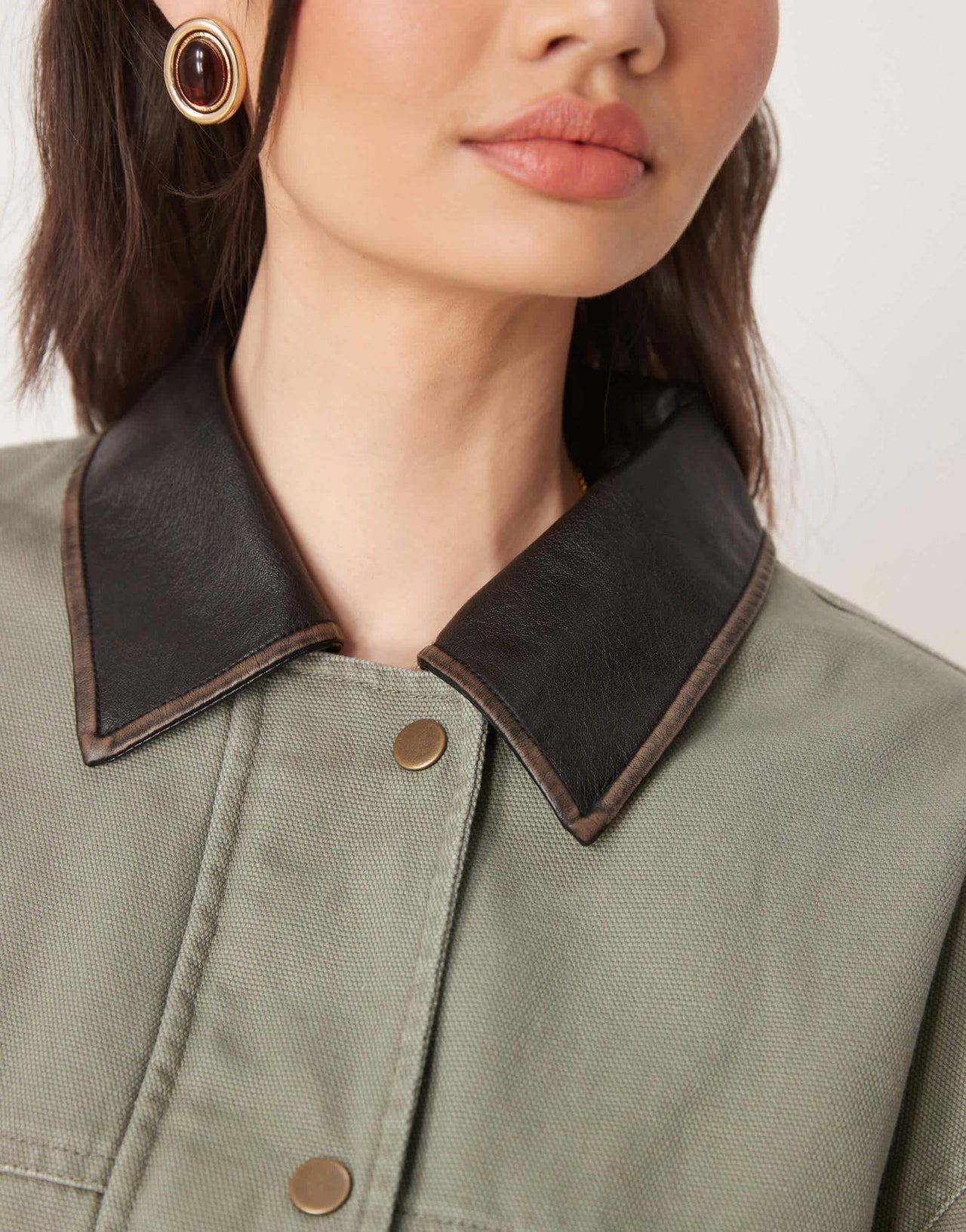 ASOS DESIGN oversized washed jacket with leather look collar in khaki - ASOS Sample Sale EU Store