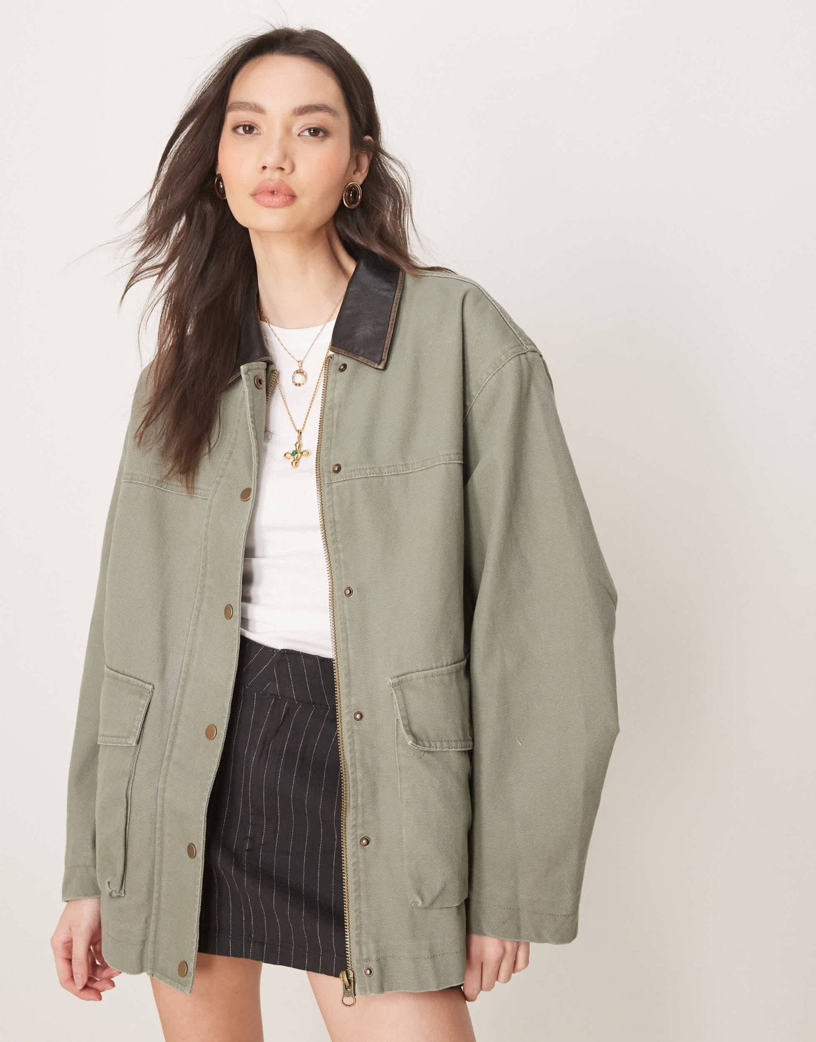 ASOS DESIGN oversized washed jacket with leather look collar in khaki - ASOS Sample Sale EU Store