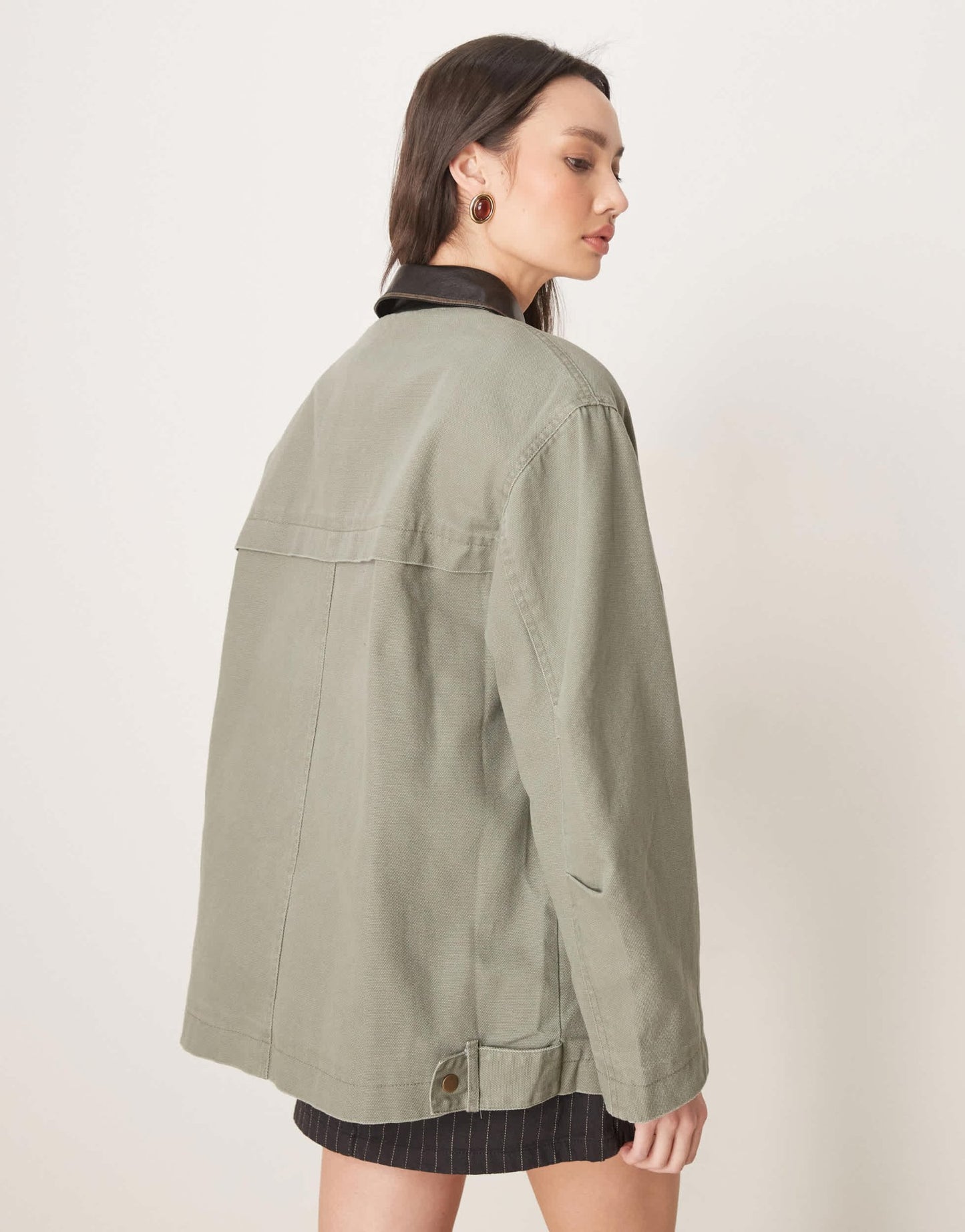 ASOS DESIGN oversized washed jacket with leather look collar in khaki - ASOS Sample Sale EU Store