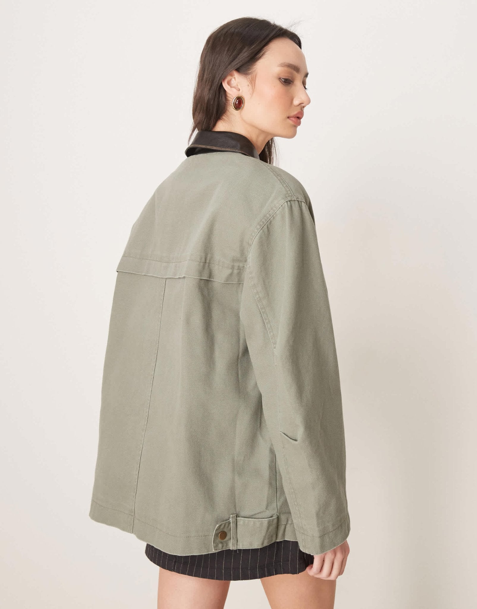 ASOS DESIGN oversized washed jacket with leather look collar in khaki - ASOS Sample Sale EU Store
