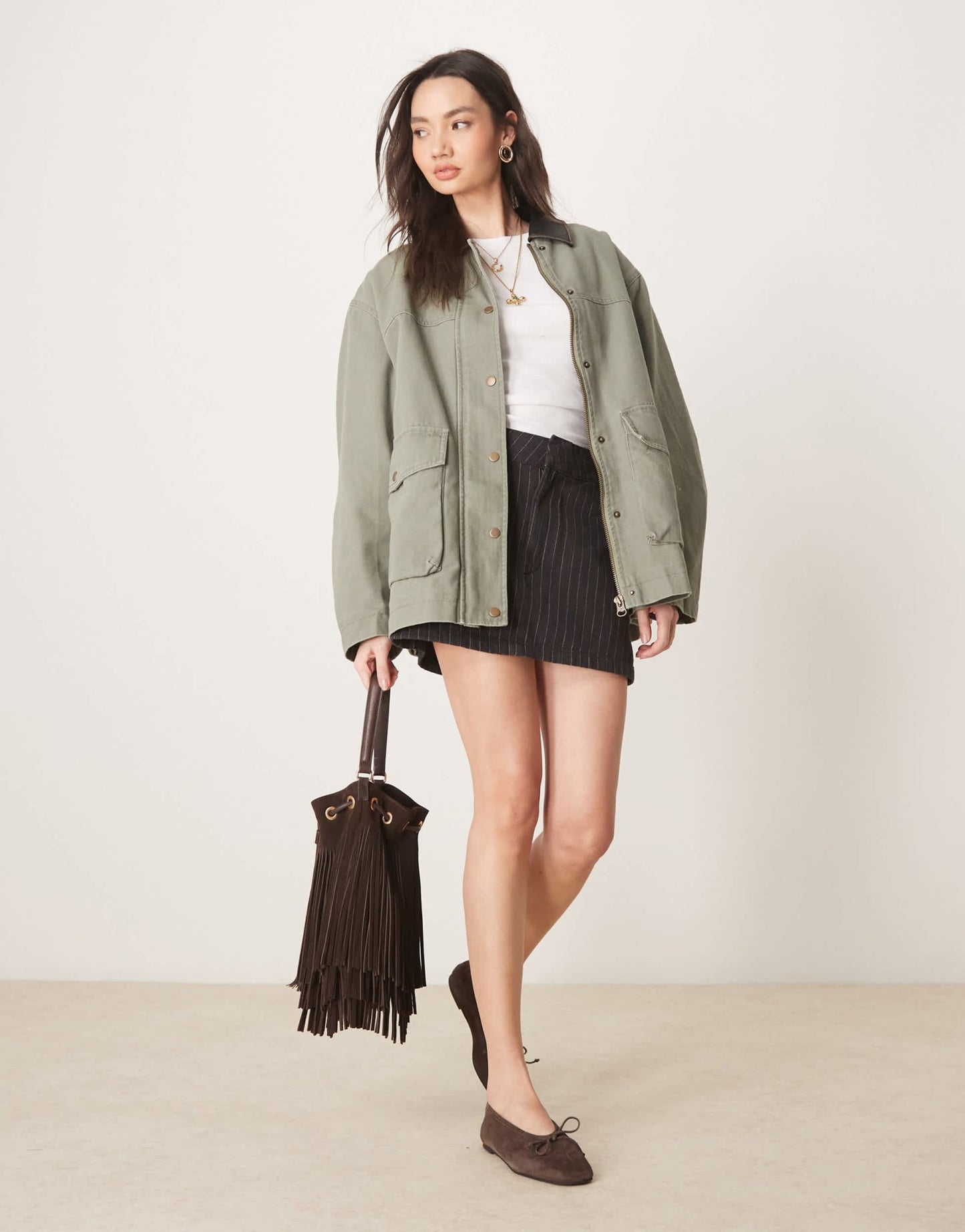 ASOS DESIGN oversized washed jacket with leather look collar in khaki - ASOS Sample Sale EU Store