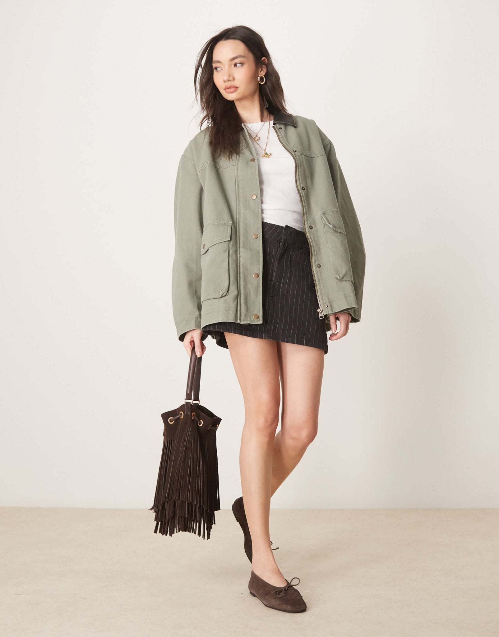 ASOS DESIGN oversized washed jacket with leather look collar in khaki - ASOS Sample Sale EU Store