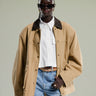 ASOS DESIGN oversized washed jacket with leather look collar in stone