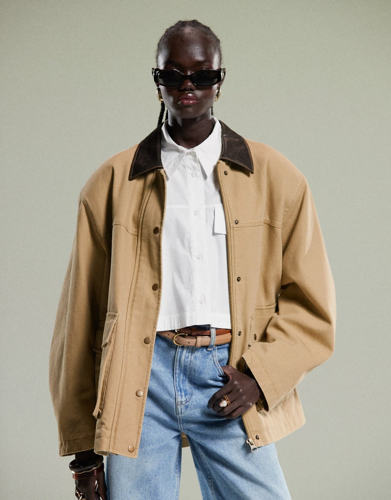 ASOS DESIGN oversized washed jacket with leather look collar in stone - ASOS Sample Sale EU Store