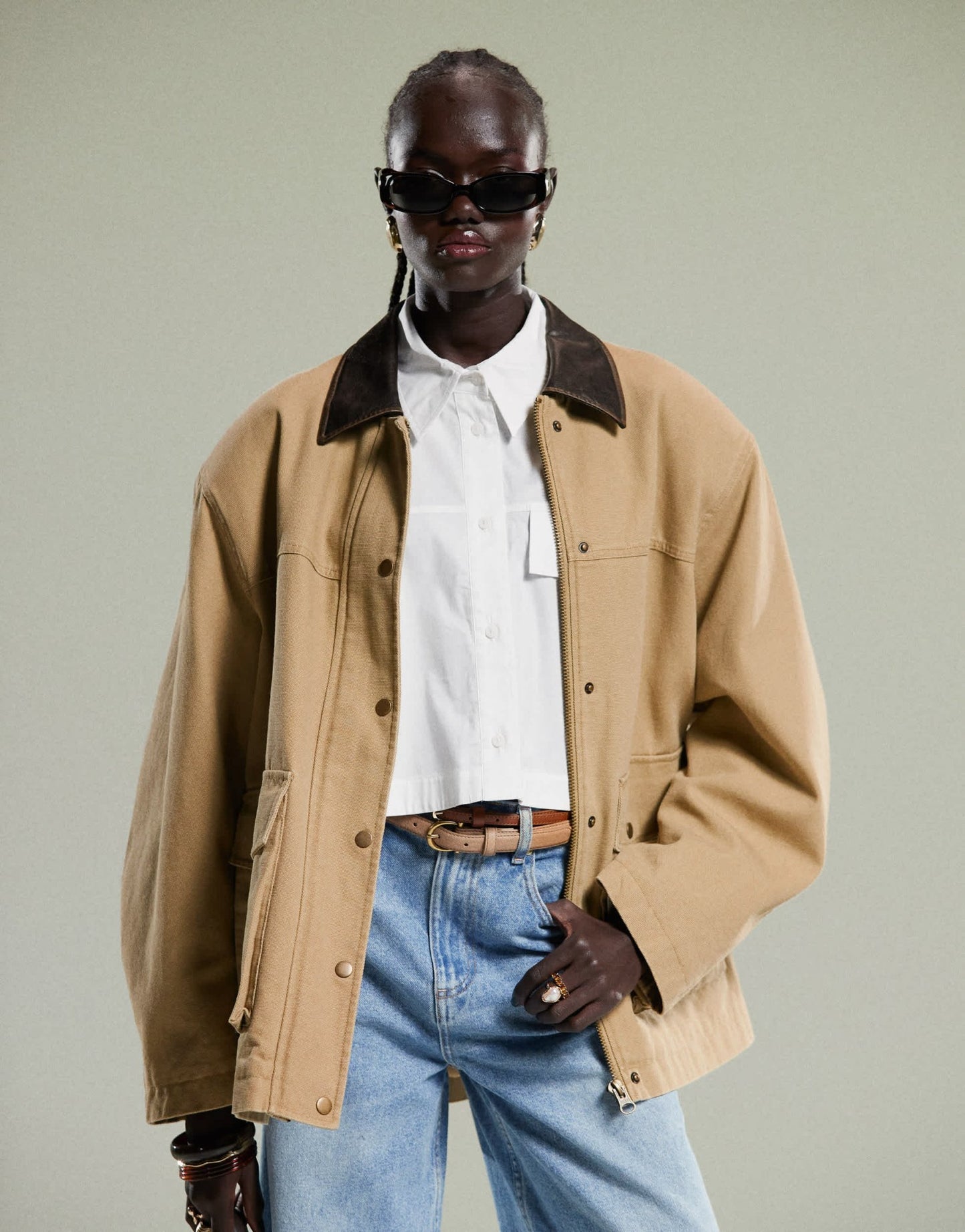 ASOS DESIGN oversized washed jacket with leather look collar in stone - ASOS Sample Sale EU Store