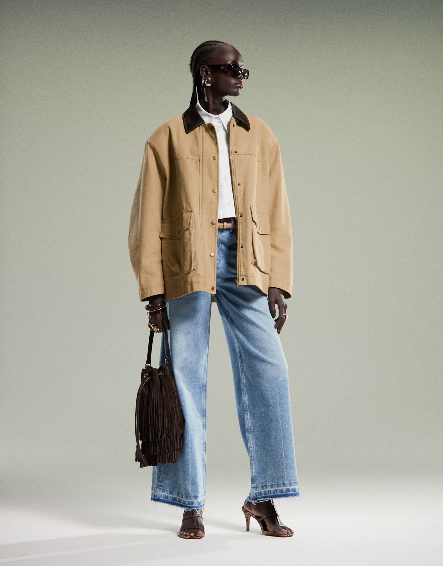 ASOS DESIGN oversized washed jacket with leather look collar in stone - ASOS Sample Sale EU Store