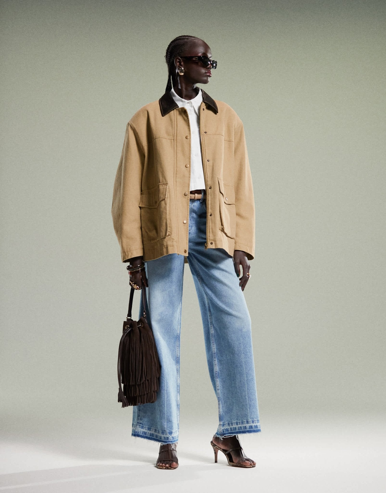 ASOS DESIGN oversized washed jacket with leather look collar in stone - ASOS Sample Sale EU Store
