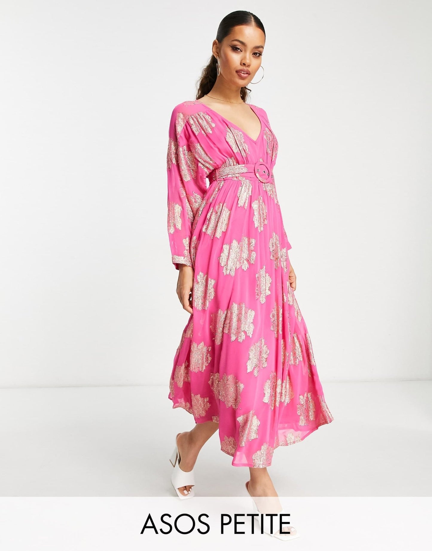 ASOS DESIGN Petite belted batwing maxi tea dress in pink metallic jacquard - ASOS Sample Sale EU Store