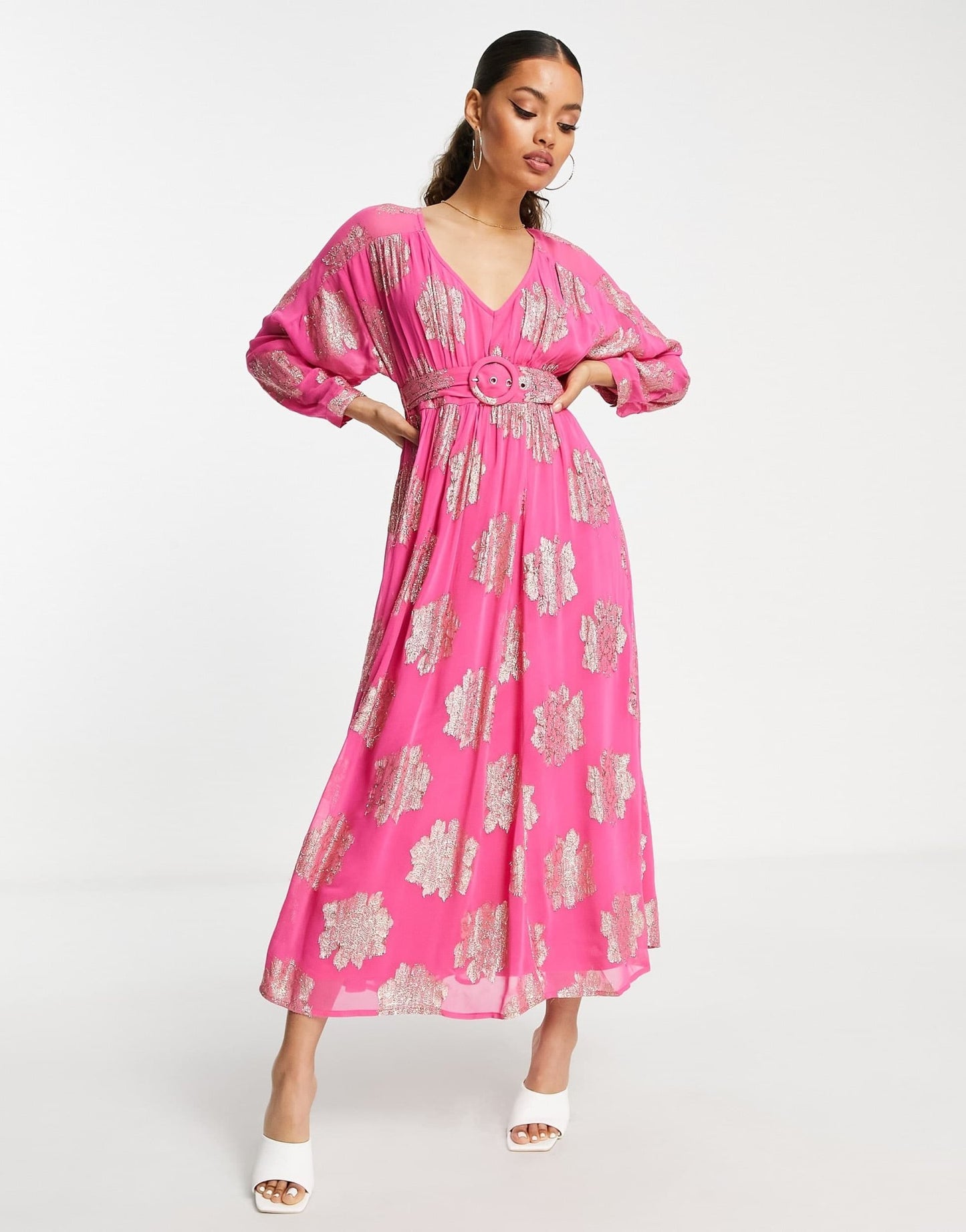 ASOS DESIGN Petite belted batwing maxi tea dress in pink metallic jacquard - ASOS Sample Sale EU Store