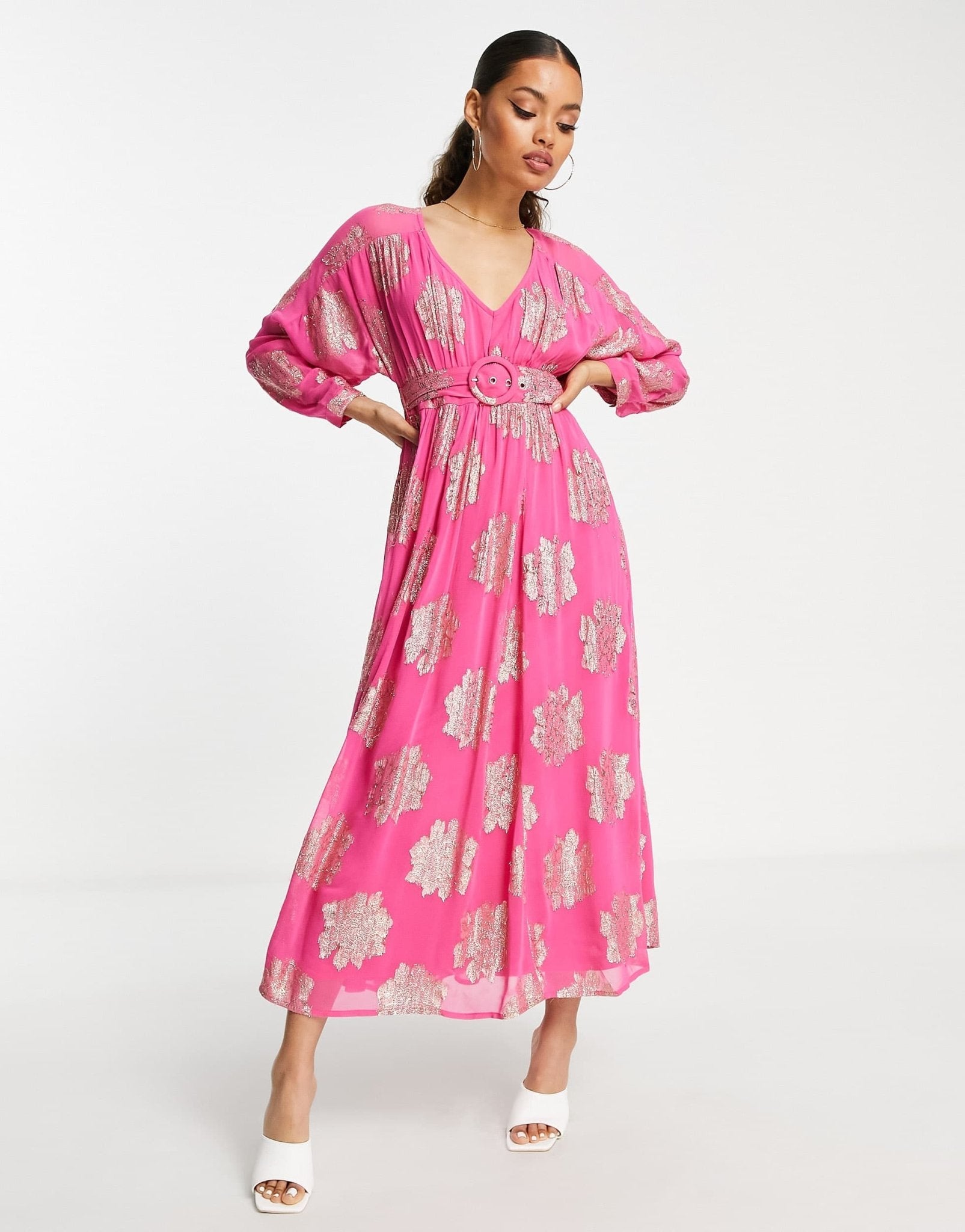 ASOS DESIGN Petite belted batwing maxi tea dress in pink metallic jacquard - ASOS Sample Sale EU Store